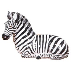 Italian Painted Terracotta Statue of a Brown Eyed Zebra Resting on the Ground