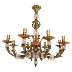 Italian Painted Tole and Murano Opaline Glass Six Lights Chandelier, Early 1900s