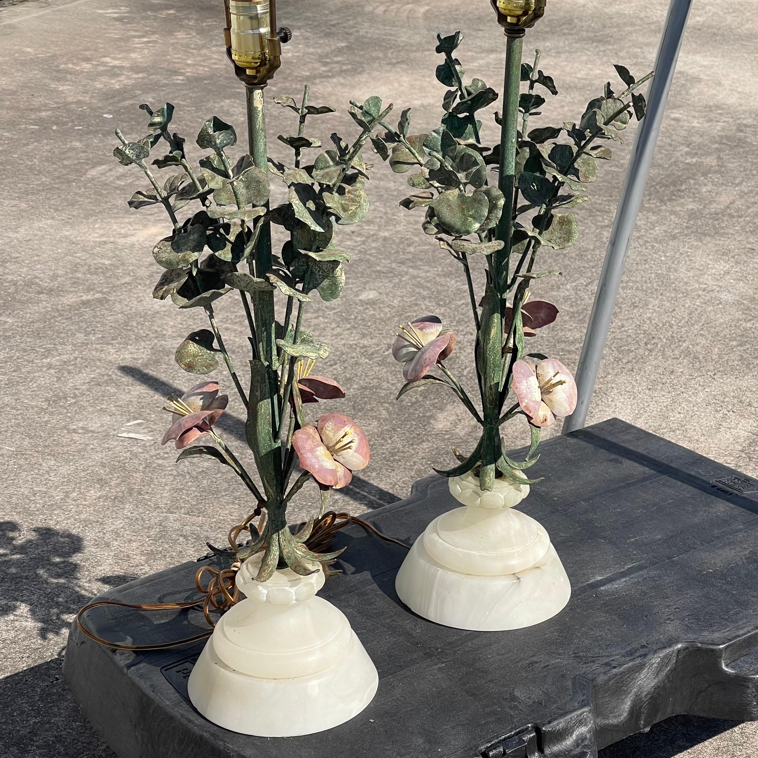Charming pair of Italian tole floral table lamps with carved alabaster bases, c.1940s