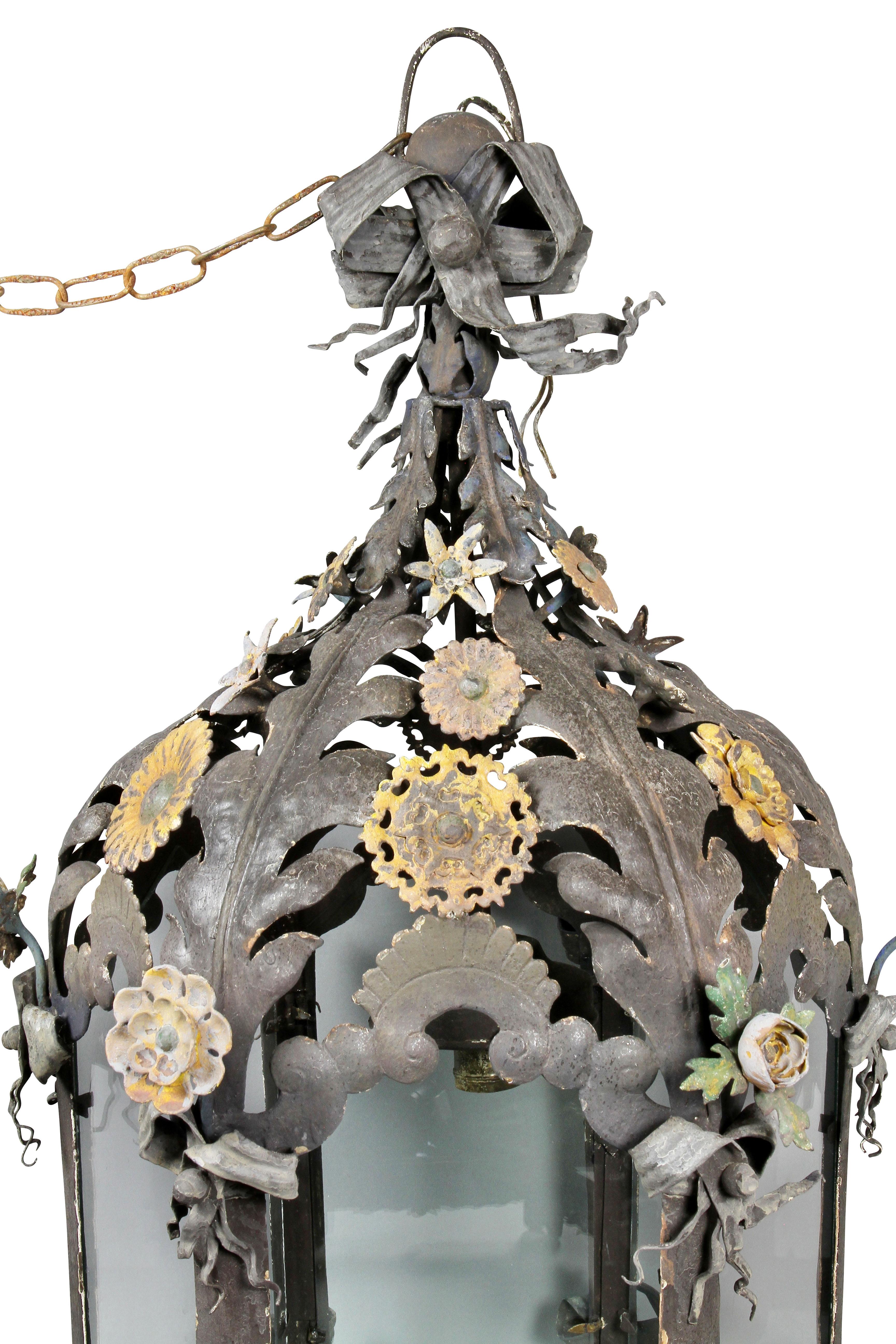 Rococo Revival Italian Painted Tole Hanging Lantern For Sale