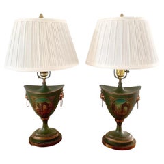 Italian Painted Tole Urn Lamps, Pair