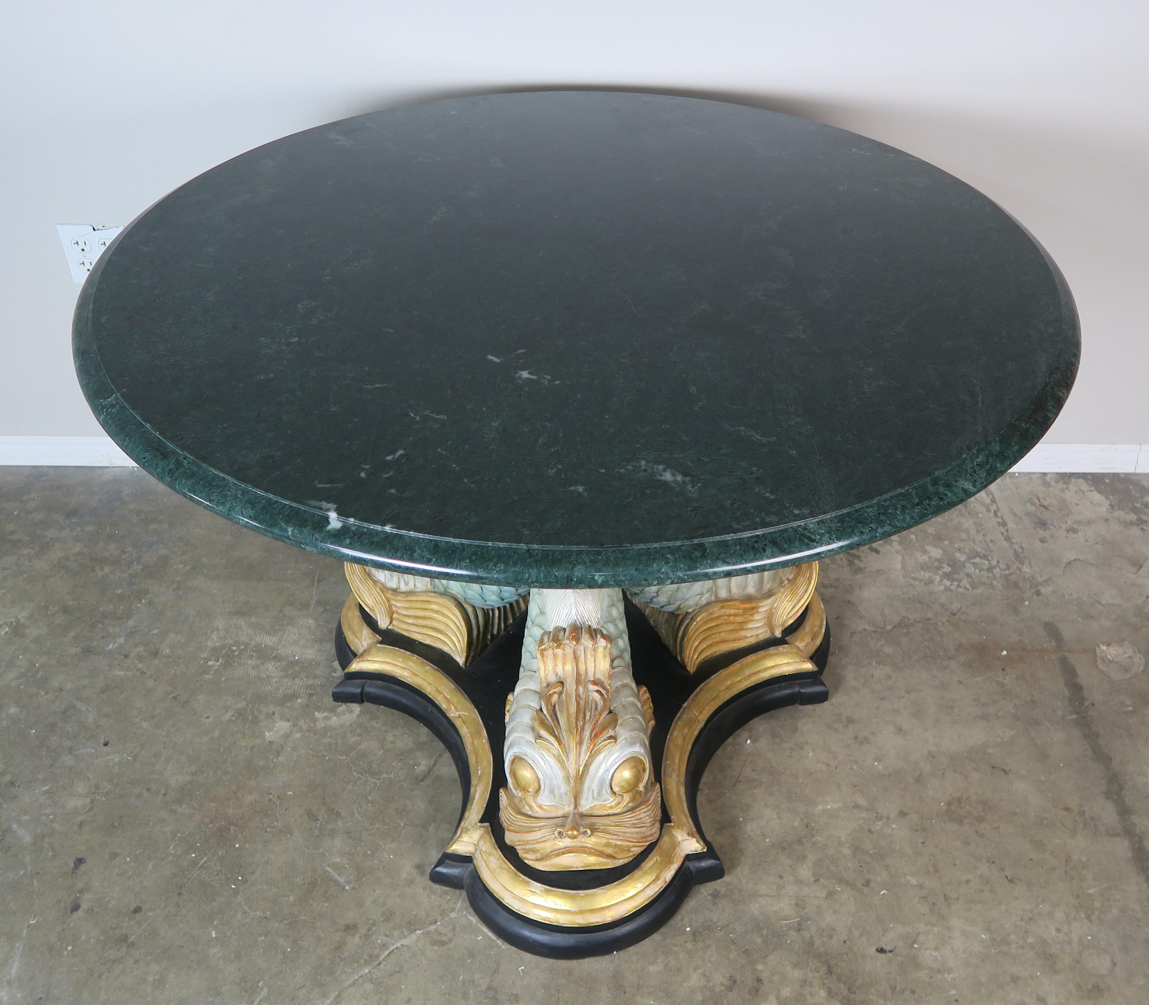 Baroque Italian Painted Tripod Dolphin Base Table with Marble Top
