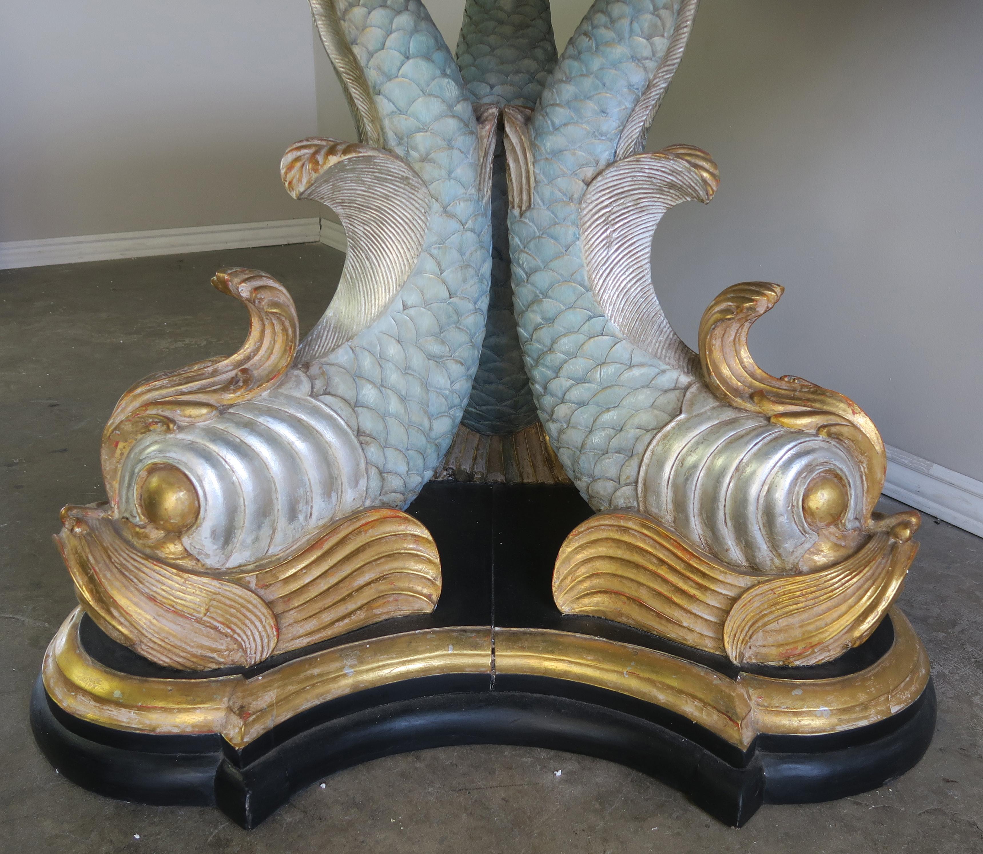 Italian Painted Tripod Dolphin Base Table with Marble Top In Excellent Condition In Los Angeles, CA
