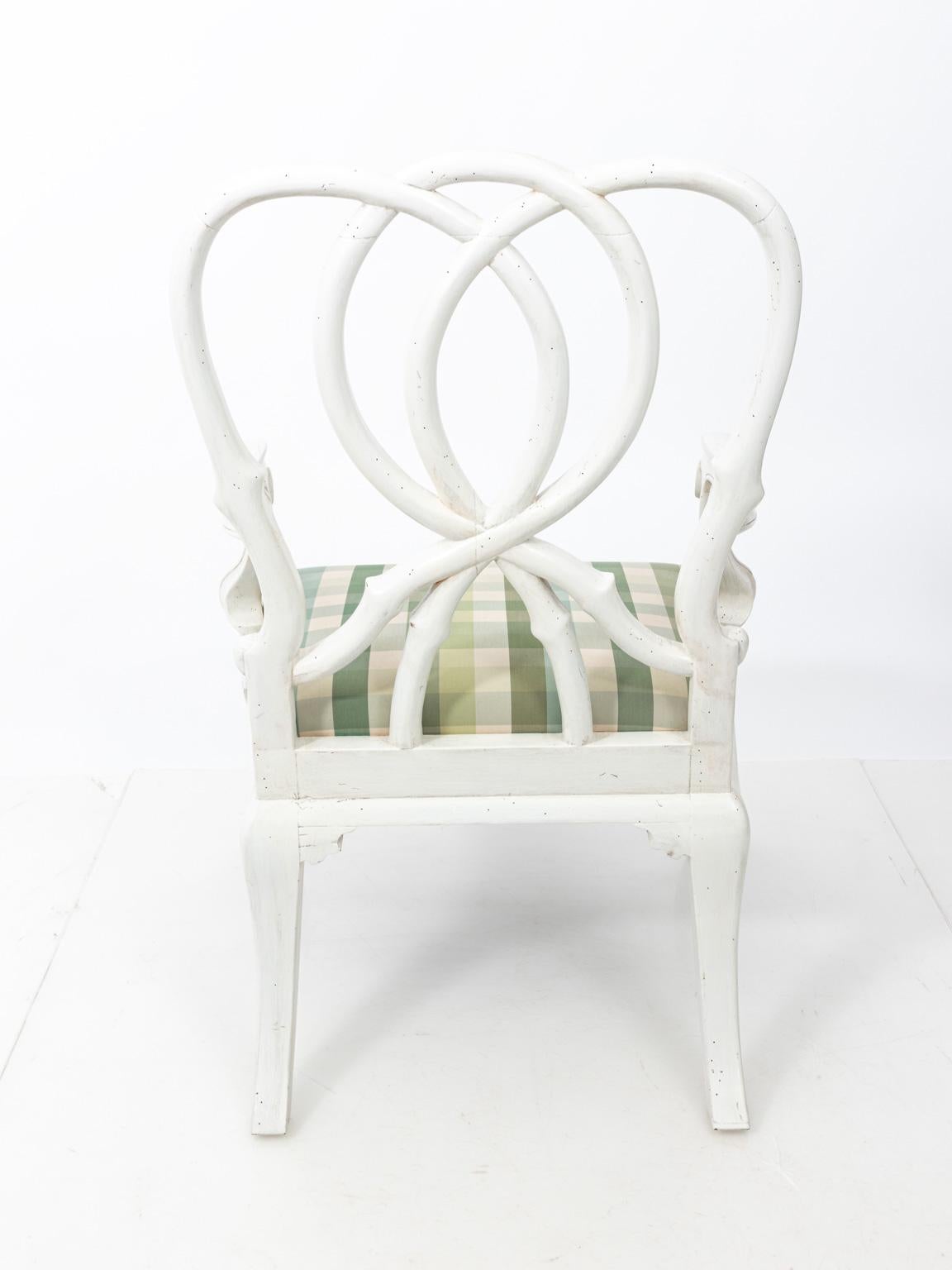 White painted Italian armchair with upholstered seat and cabriole legs. Please note of wear consistent with age including minor paint loss and chips due to use.