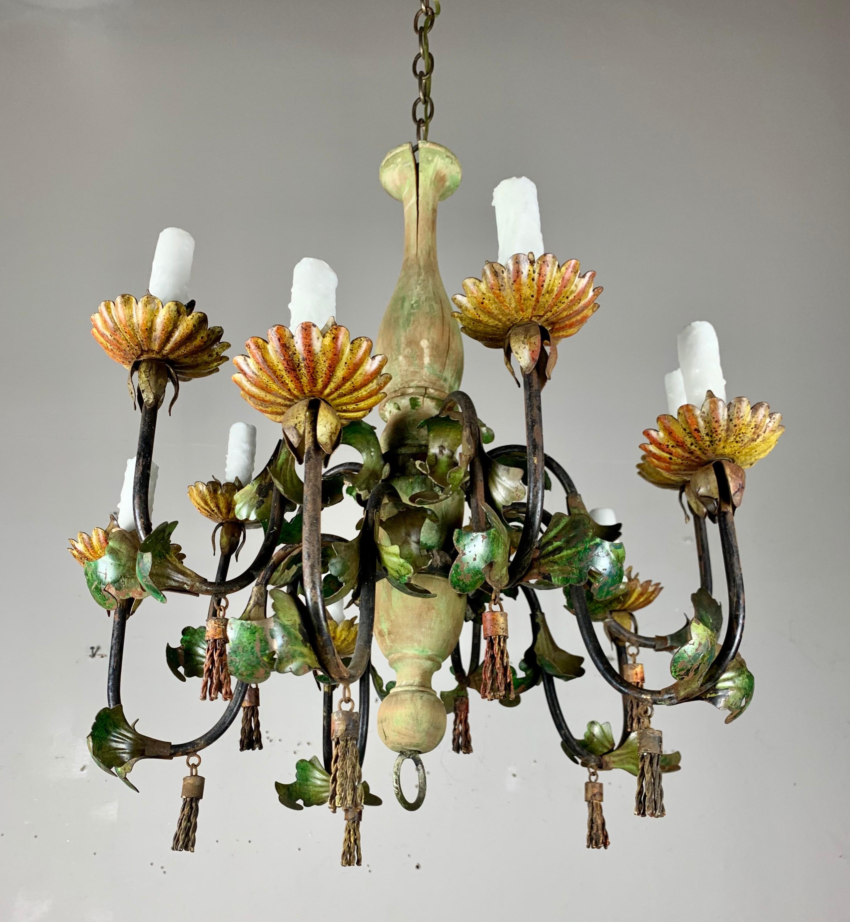 Hand-Painted Italian Painted Wood and Iron Chandelier, C. 1940