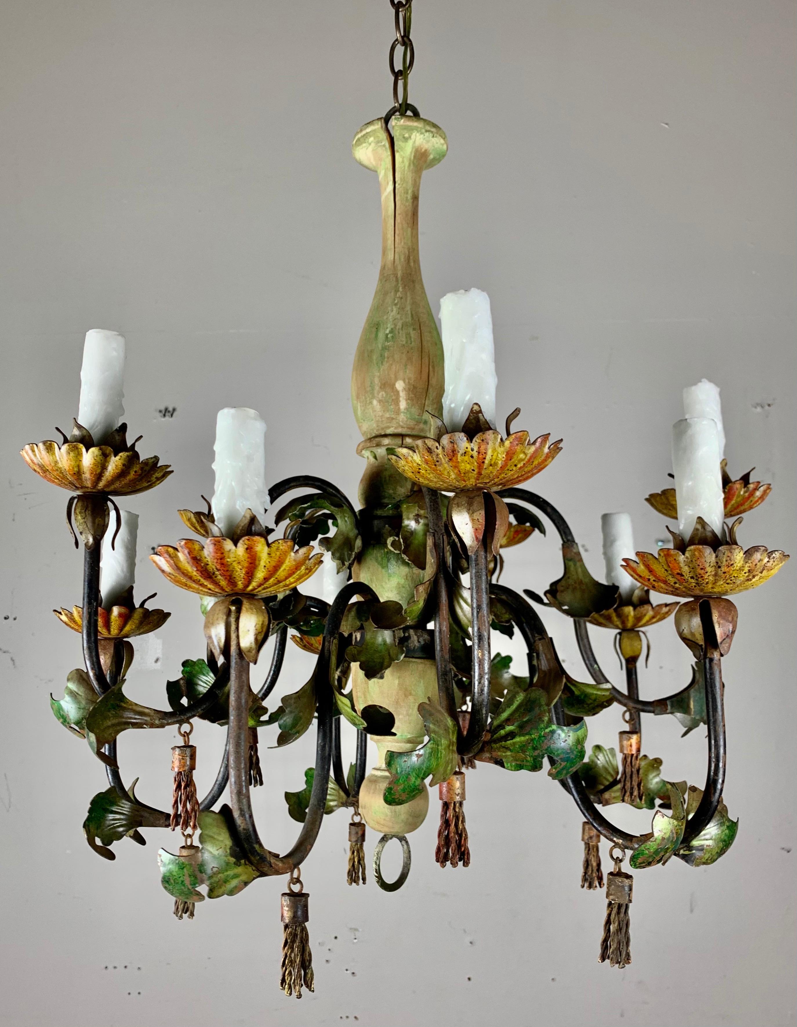 Italian Painted Wood and Iron Chandelier, C. 1940 In Distressed Condition In Los Angeles, CA
