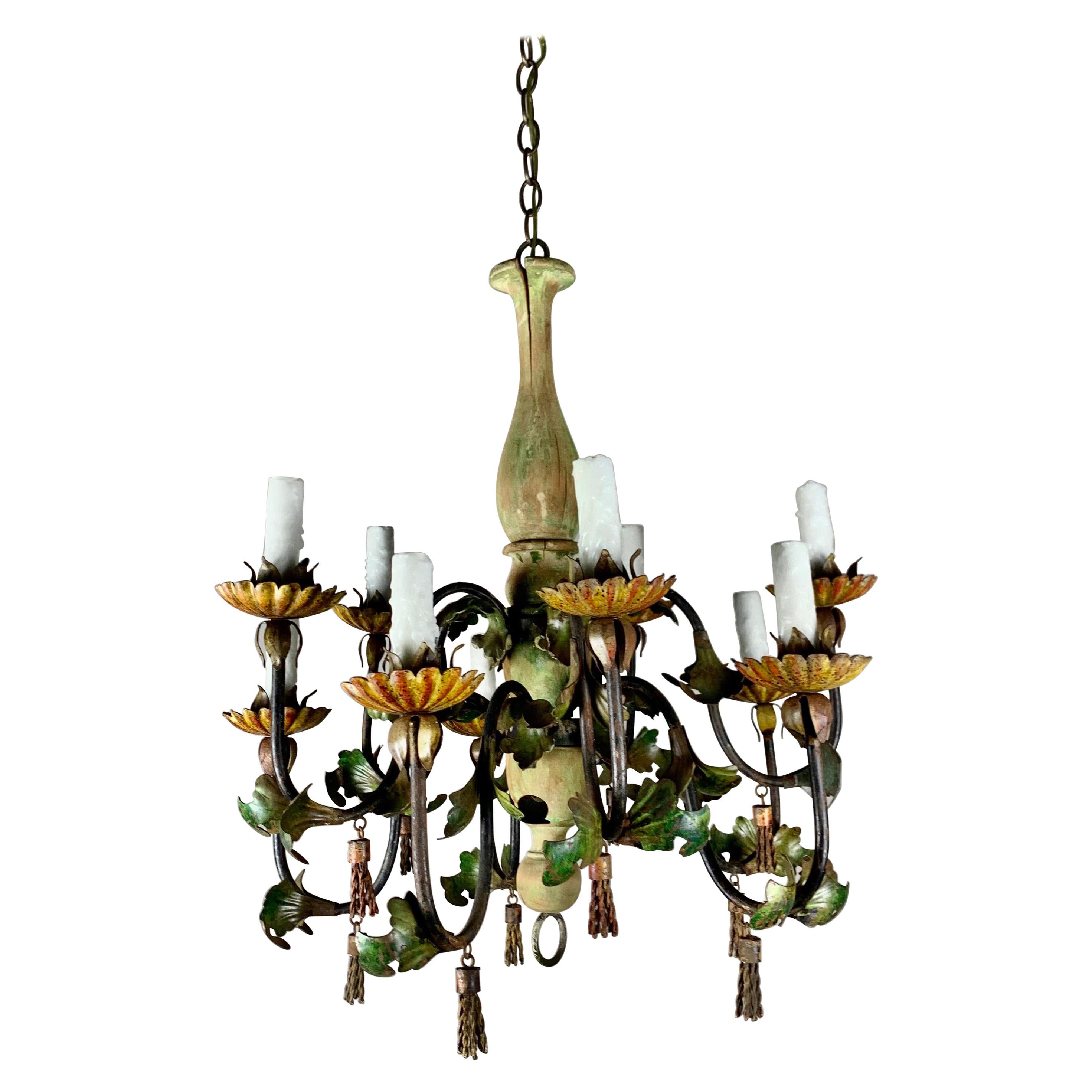 Italian Painted Wood and Iron Chandelier, C. 1940