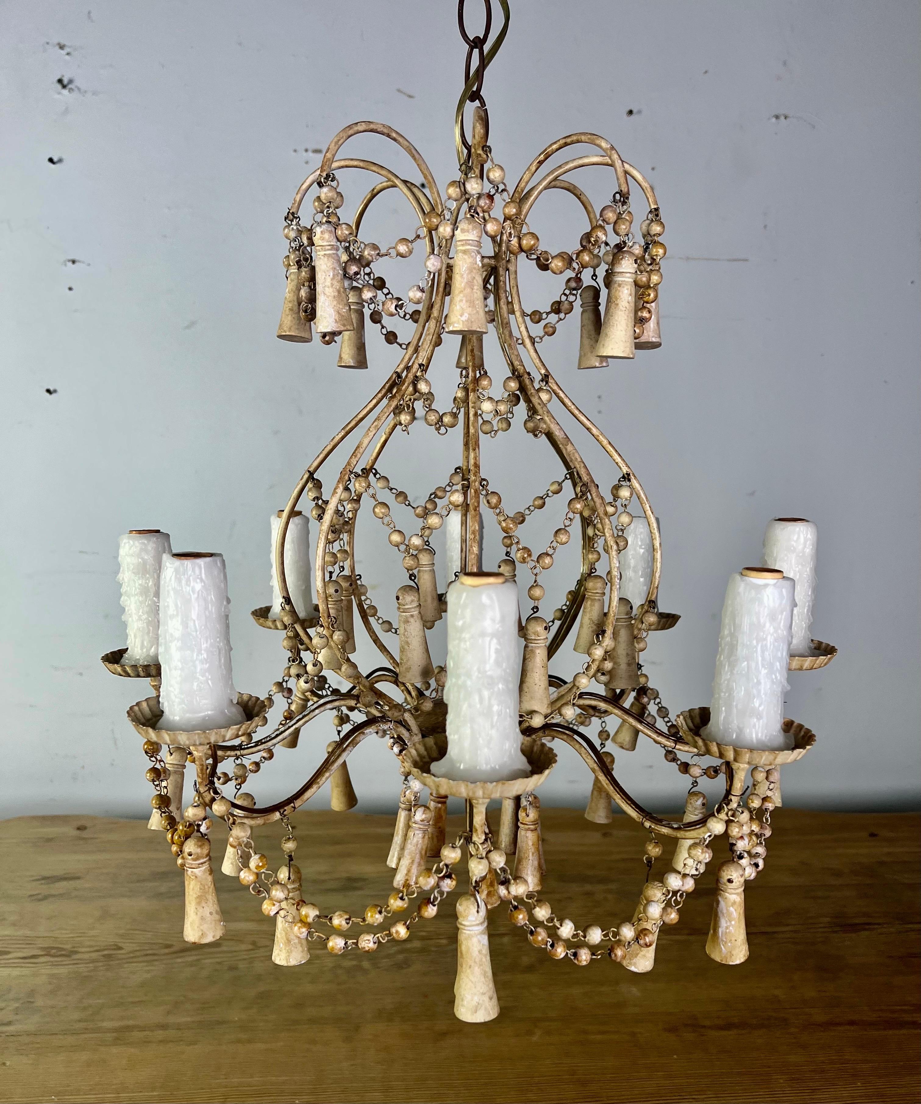 Italian Painted Wood Beaded Chandelier,  circa 1930 For Sale 4
