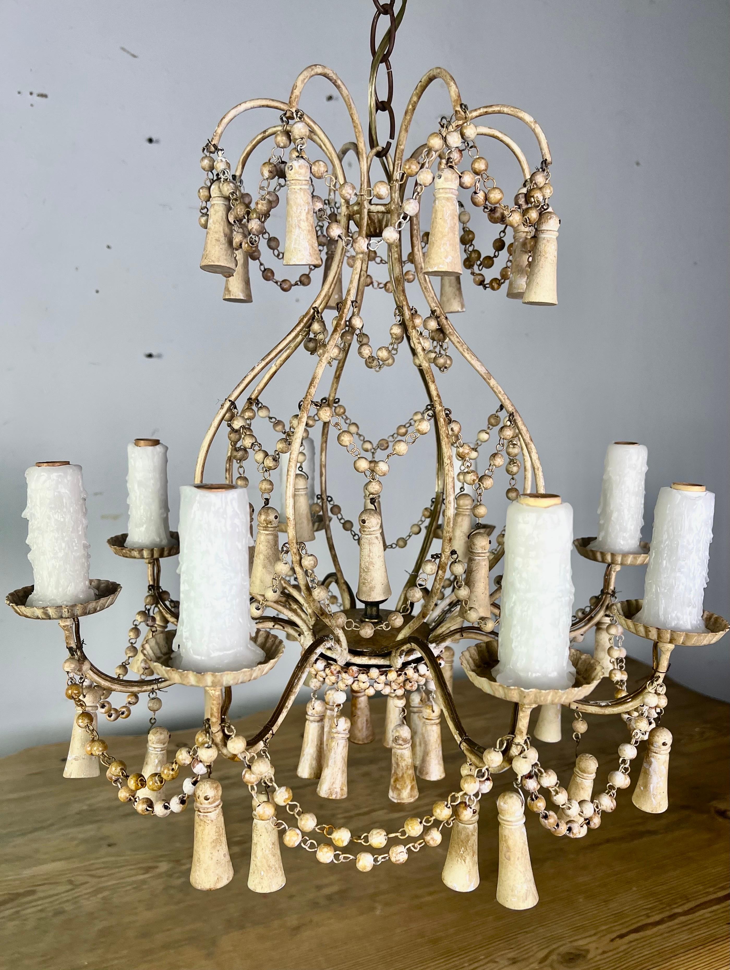 Italian Painted Wood Beaded Chandelier,  circa 1930 For Sale 5