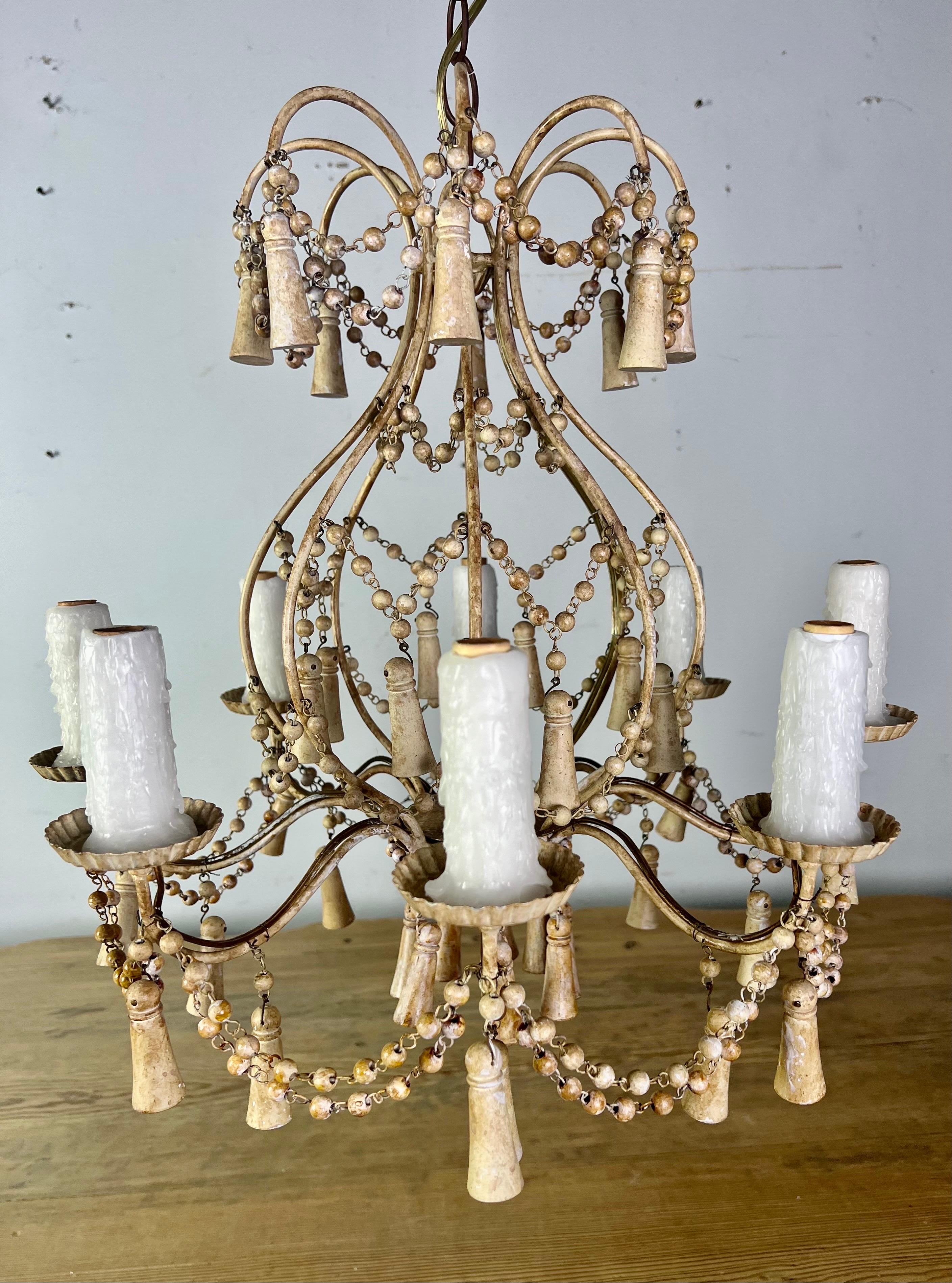Mid-20th Century Italian Painted Wood Beaded Chandelier,  circa 1930 For Sale