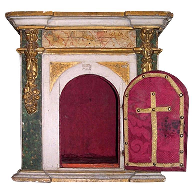 Italian Painted Wood Cabinet with One-Door and Elaborate Fabric Decor For Sale