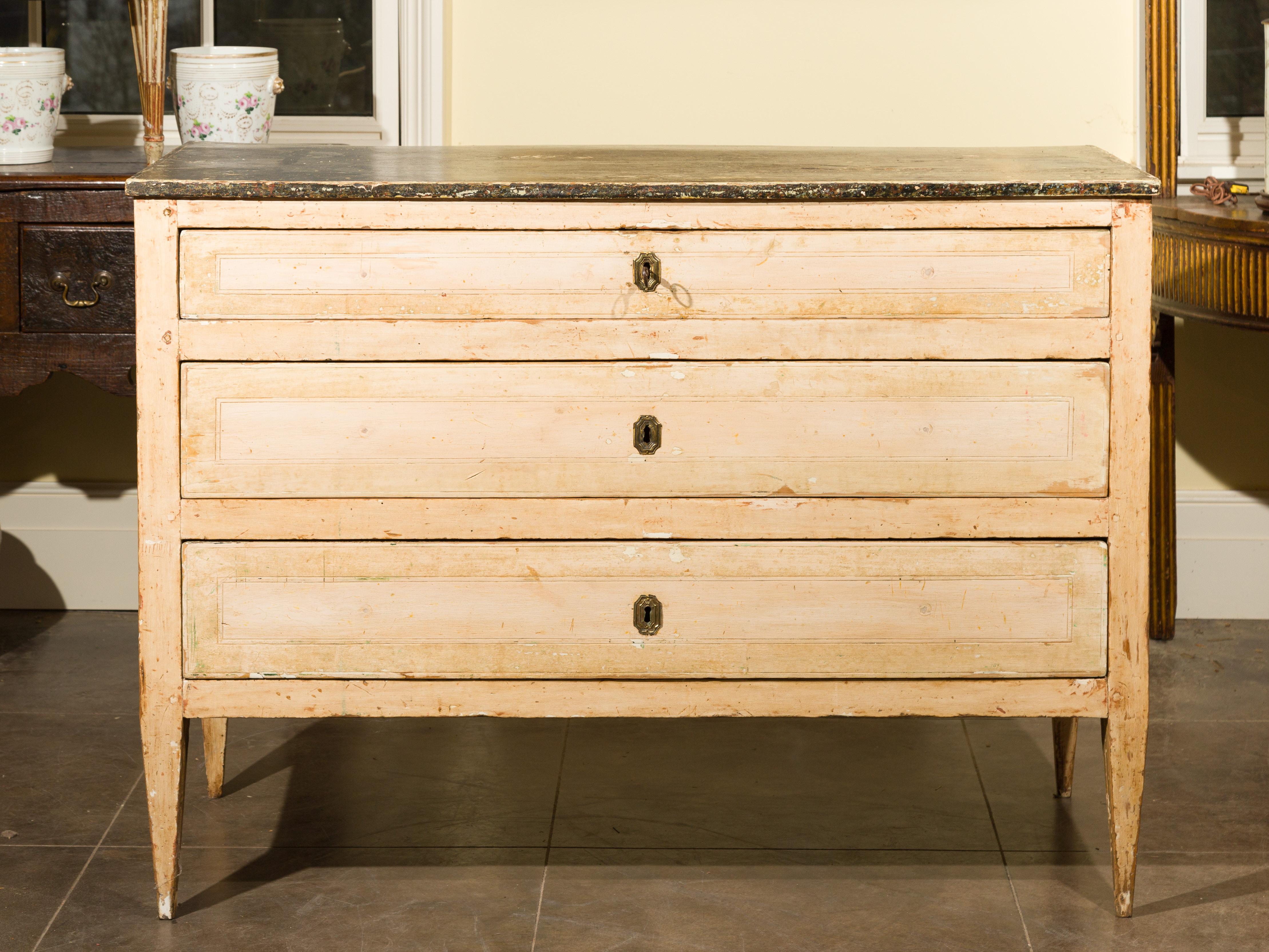 Neoclassical Italian Painted Wood Three-Drawer Commode with Tapered Legs, circa 1800