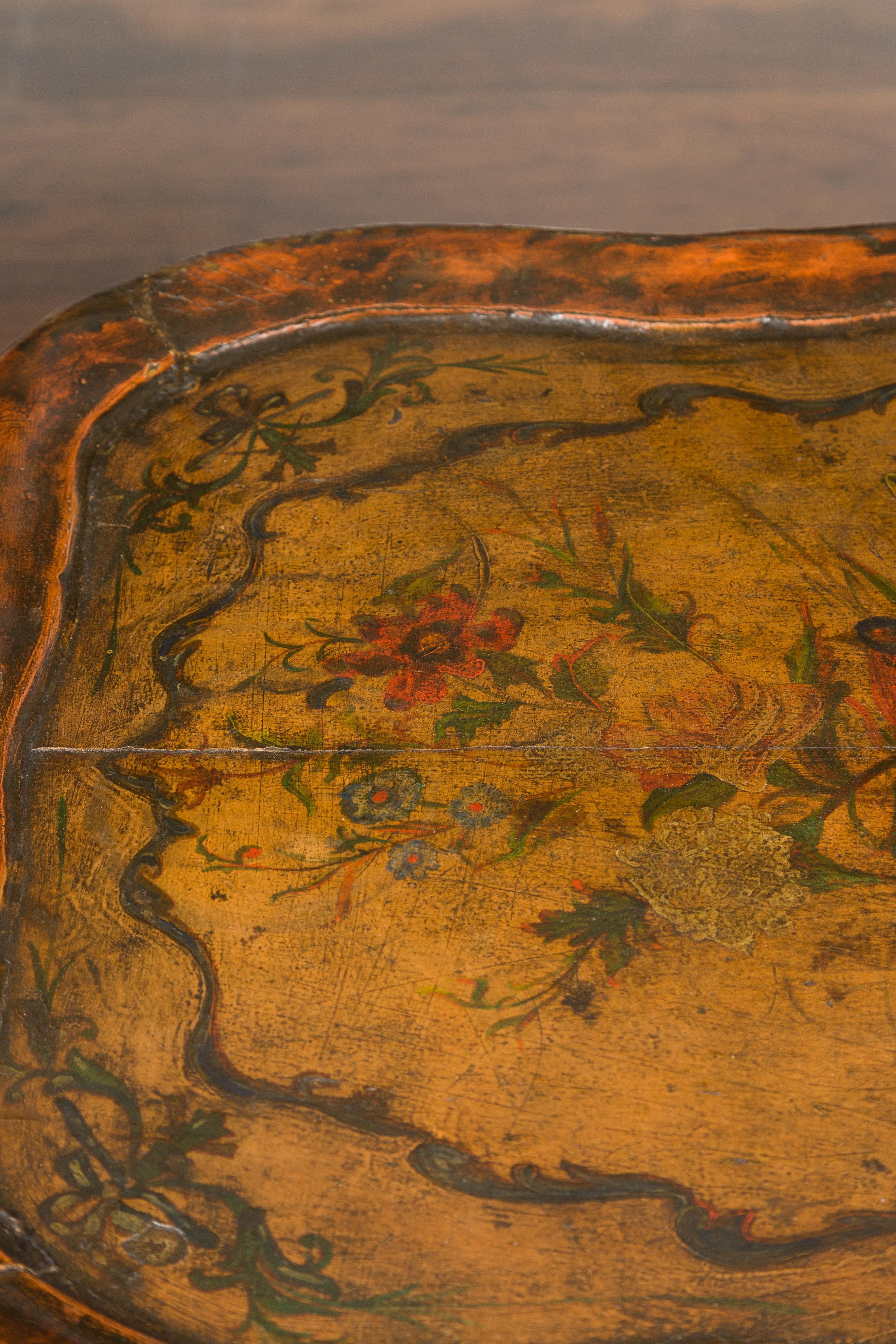 Italian Painted Wood Tray Top Table with Bird and Floral Motifs, circa 1920 5