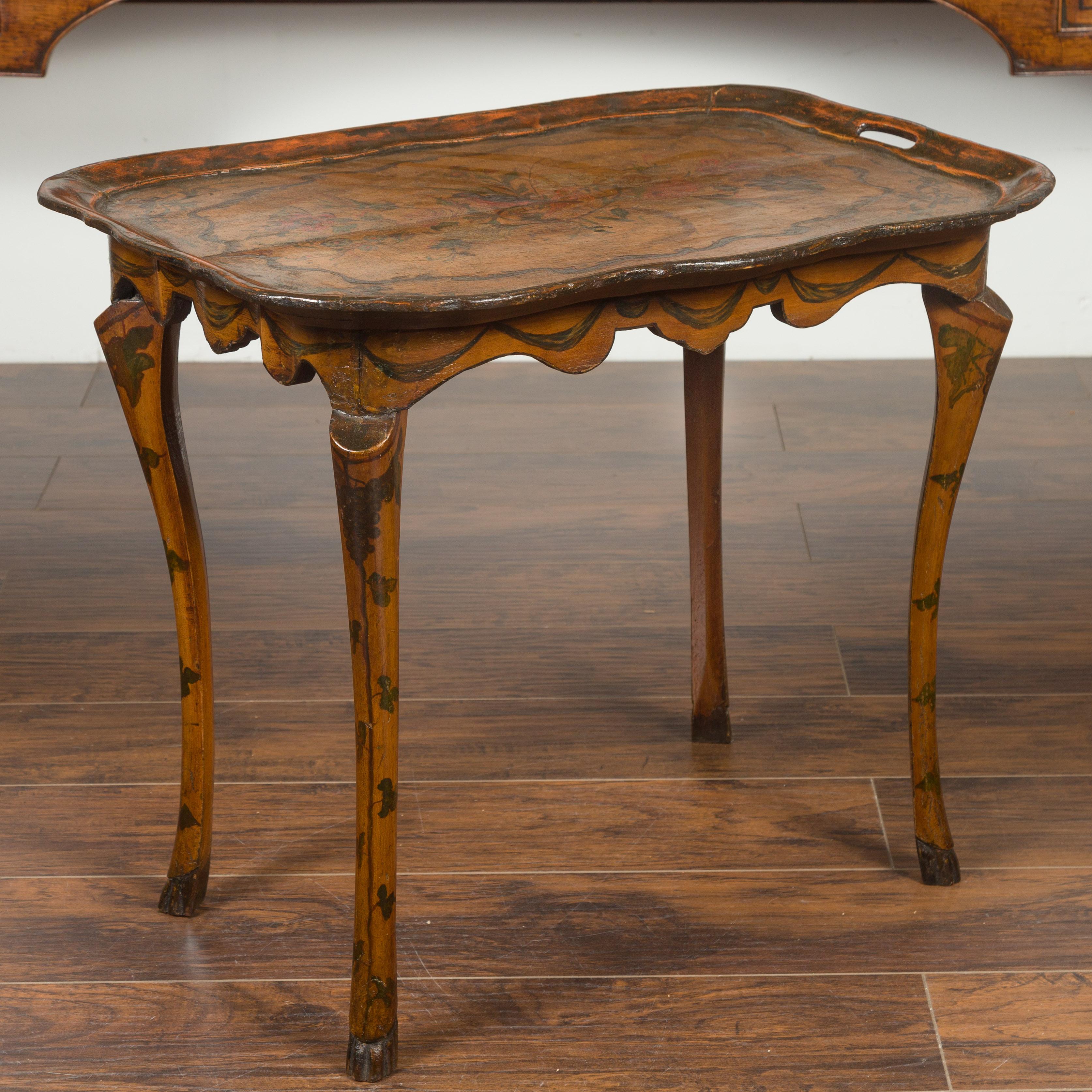 Italian Painted Wood Tray Top Table with Bird and Floral Motifs, circa 1920 6