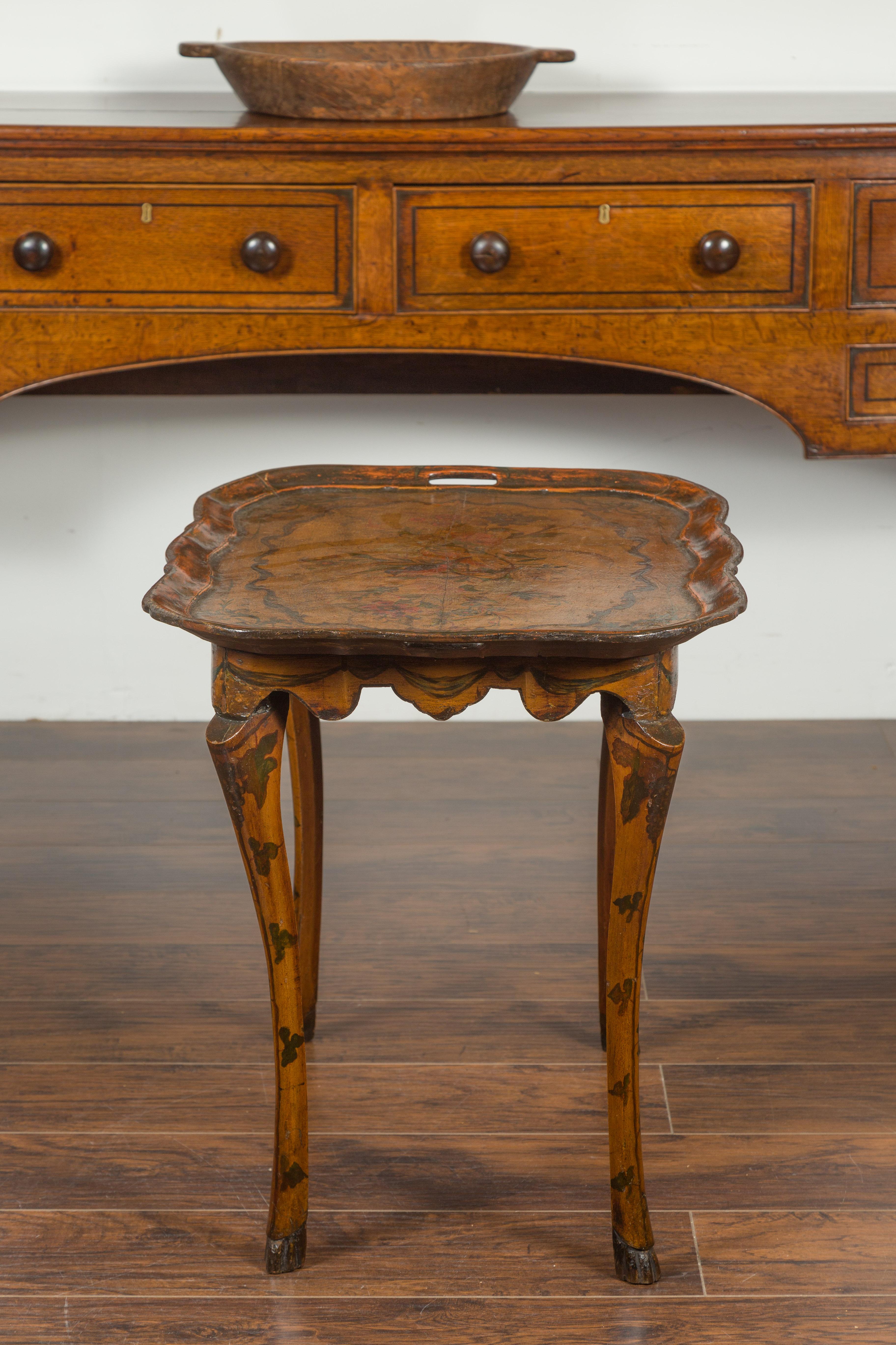 Italian Painted Wood Tray Top Table with Bird and Floral Motifs, circa 1920 10