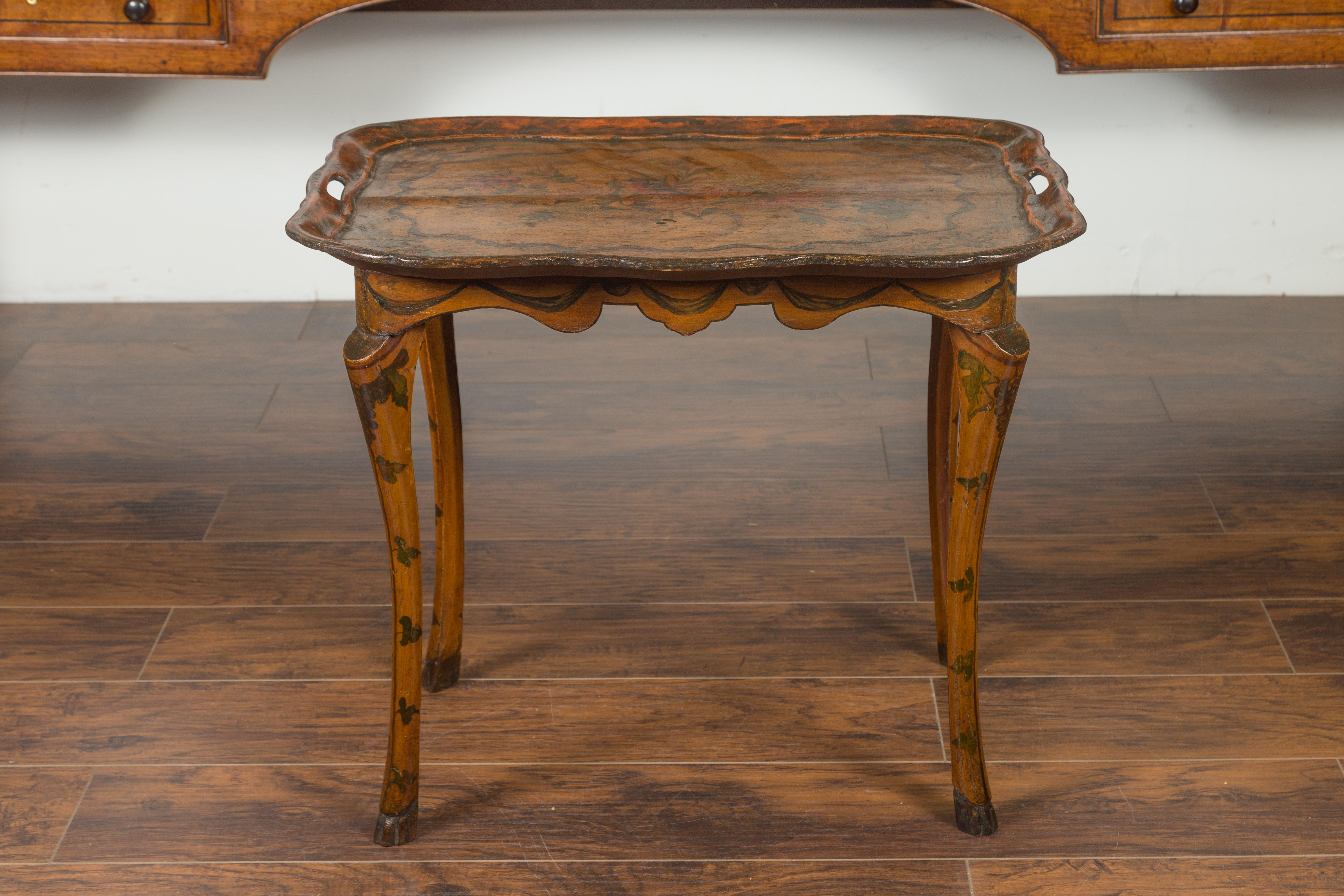 Carved Italian Painted Wood Tray Top Table with Bird and Floral Motifs, circa 1920
