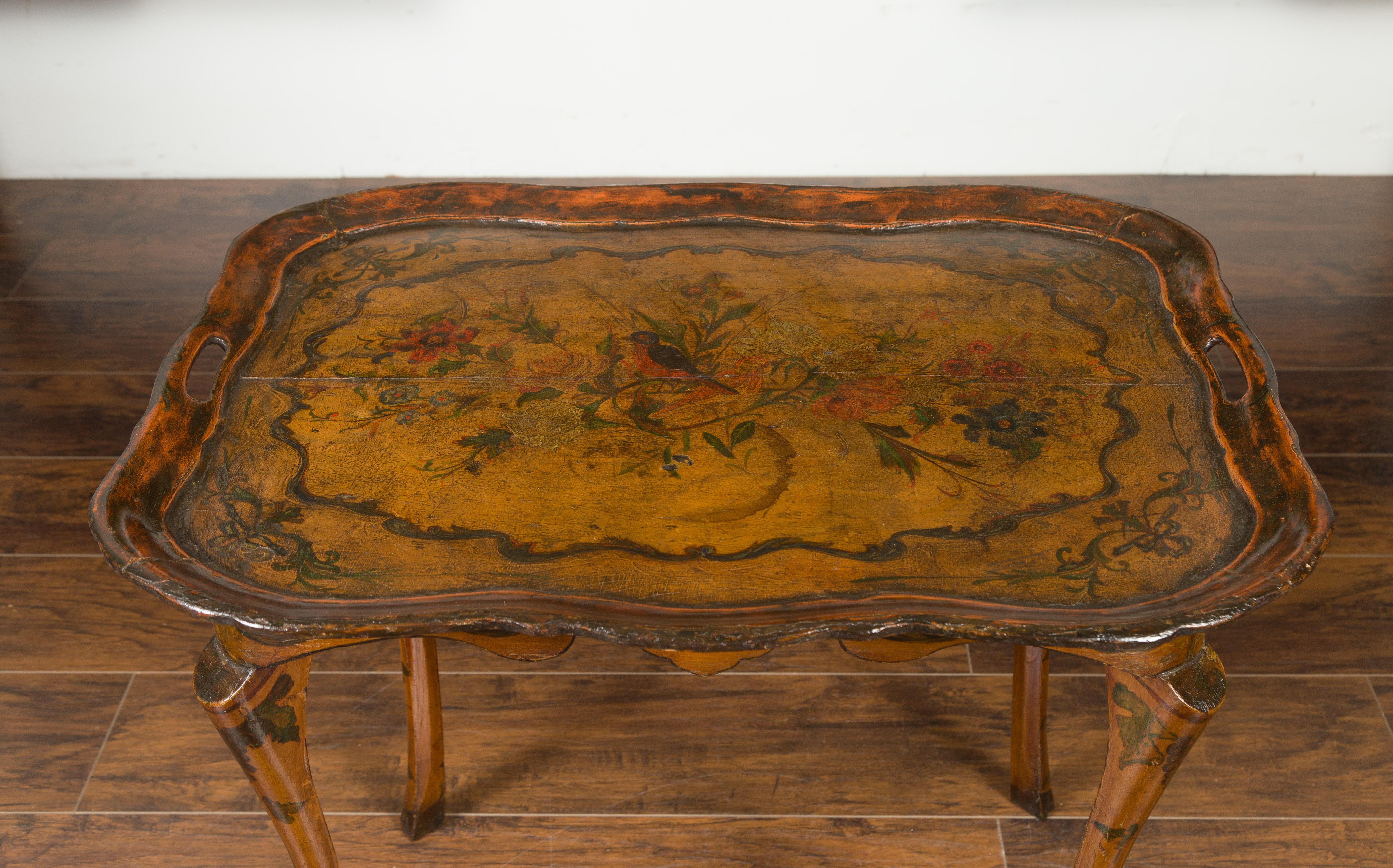 Italian Painted Wood Tray Top Table with Bird and Floral Motifs, circa 1920 In Good Condition In Atlanta, GA