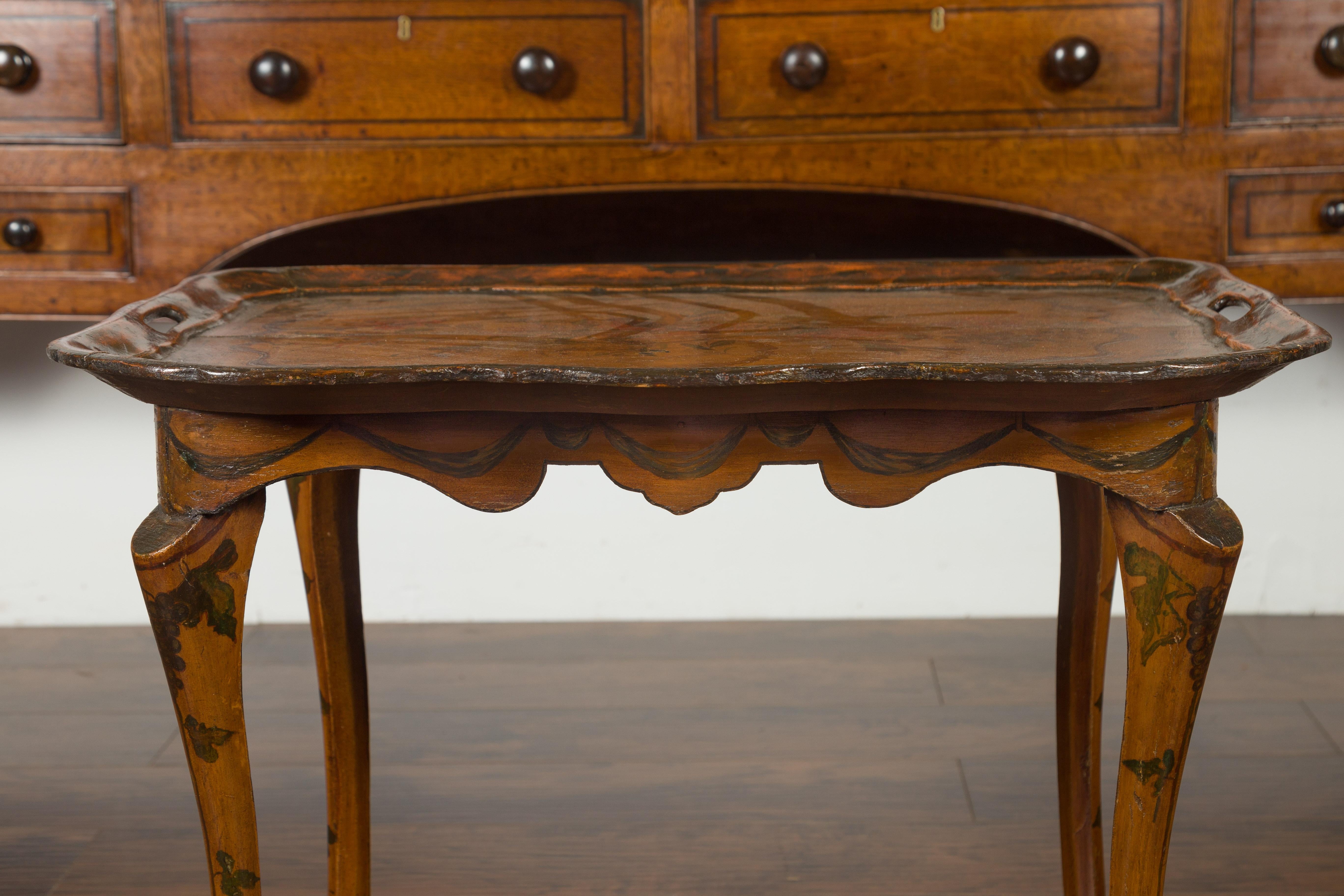 20th Century Italian Painted Wood Tray Top Table with Bird and Floral Motifs, circa 1920