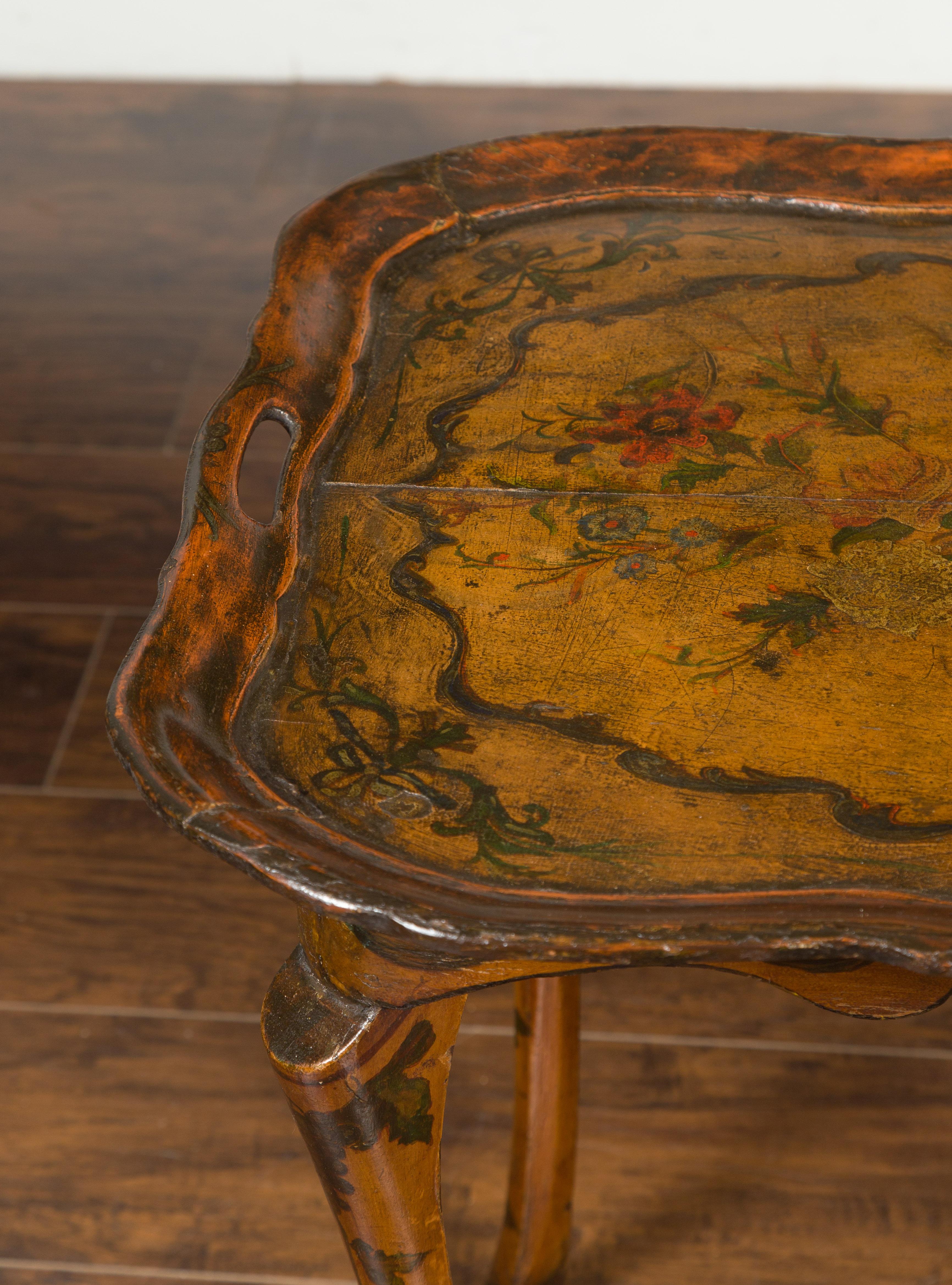 Italian Painted Wood Tray Top Table with Bird and Floral Motifs, circa 1920 2