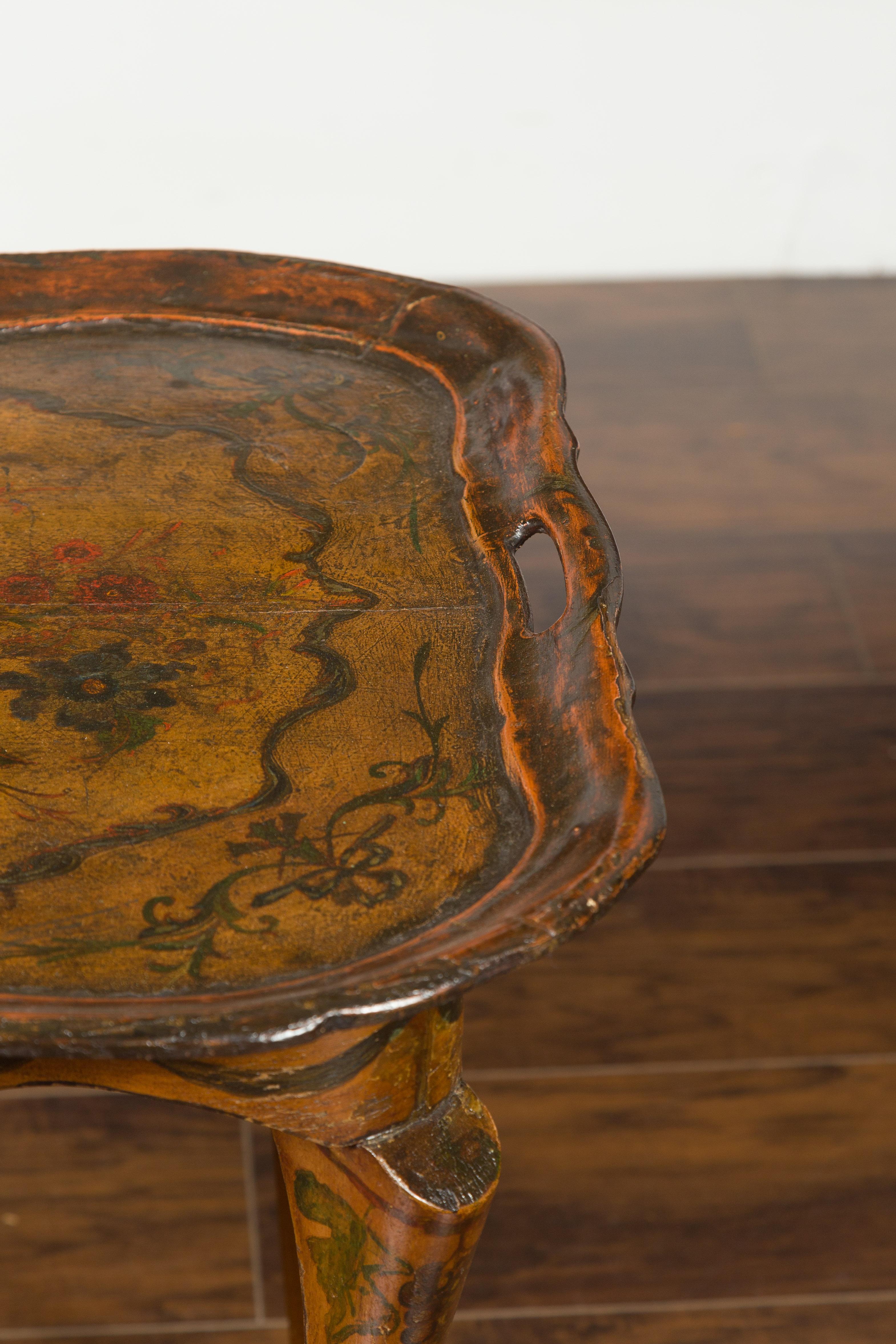 Italian Painted Wood Tray Top Table with Bird and Floral Motifs, circa 1920 3