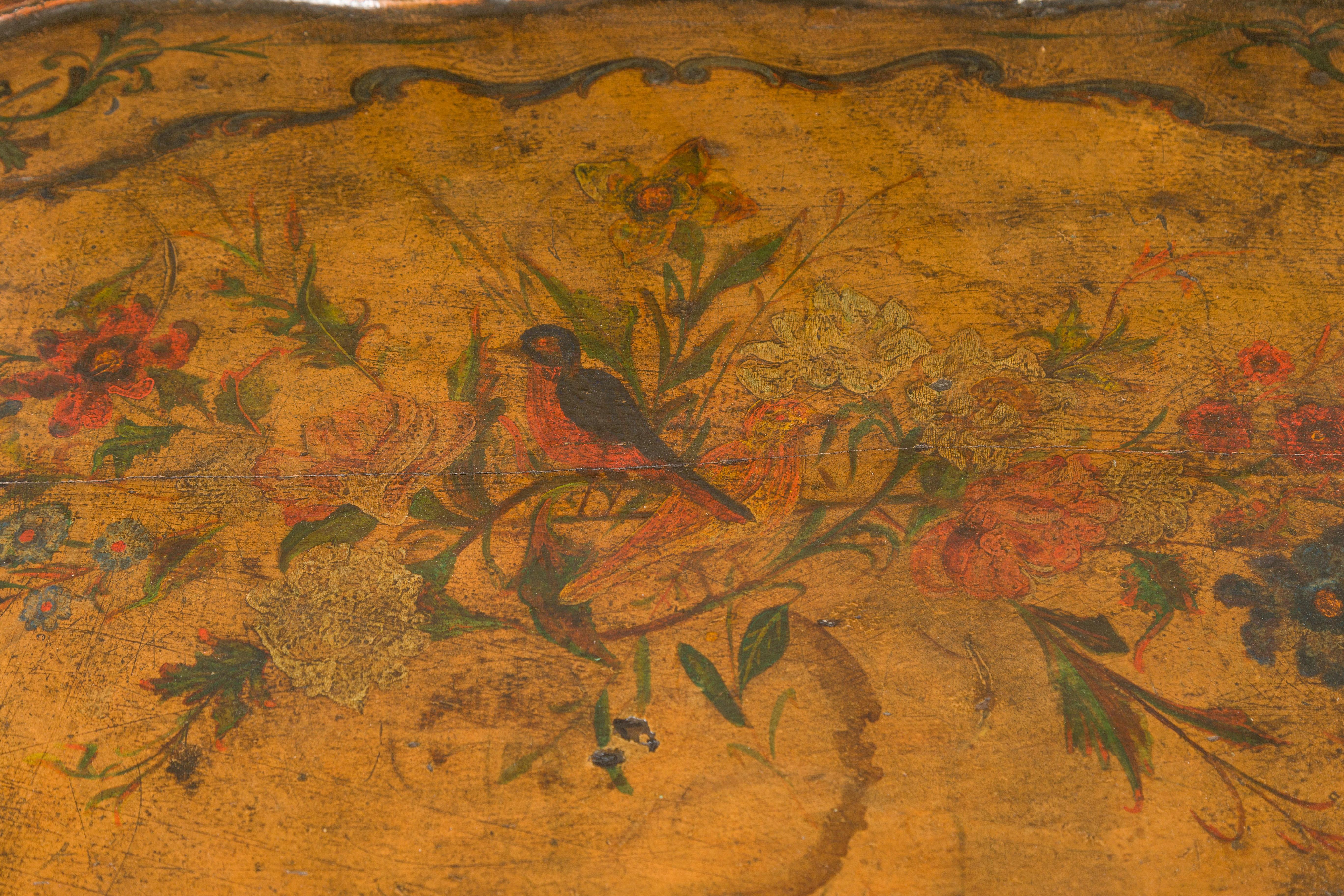 Italian Painted Wood Tray Top Table with Bird and Floral Motifs, circa 1920 4