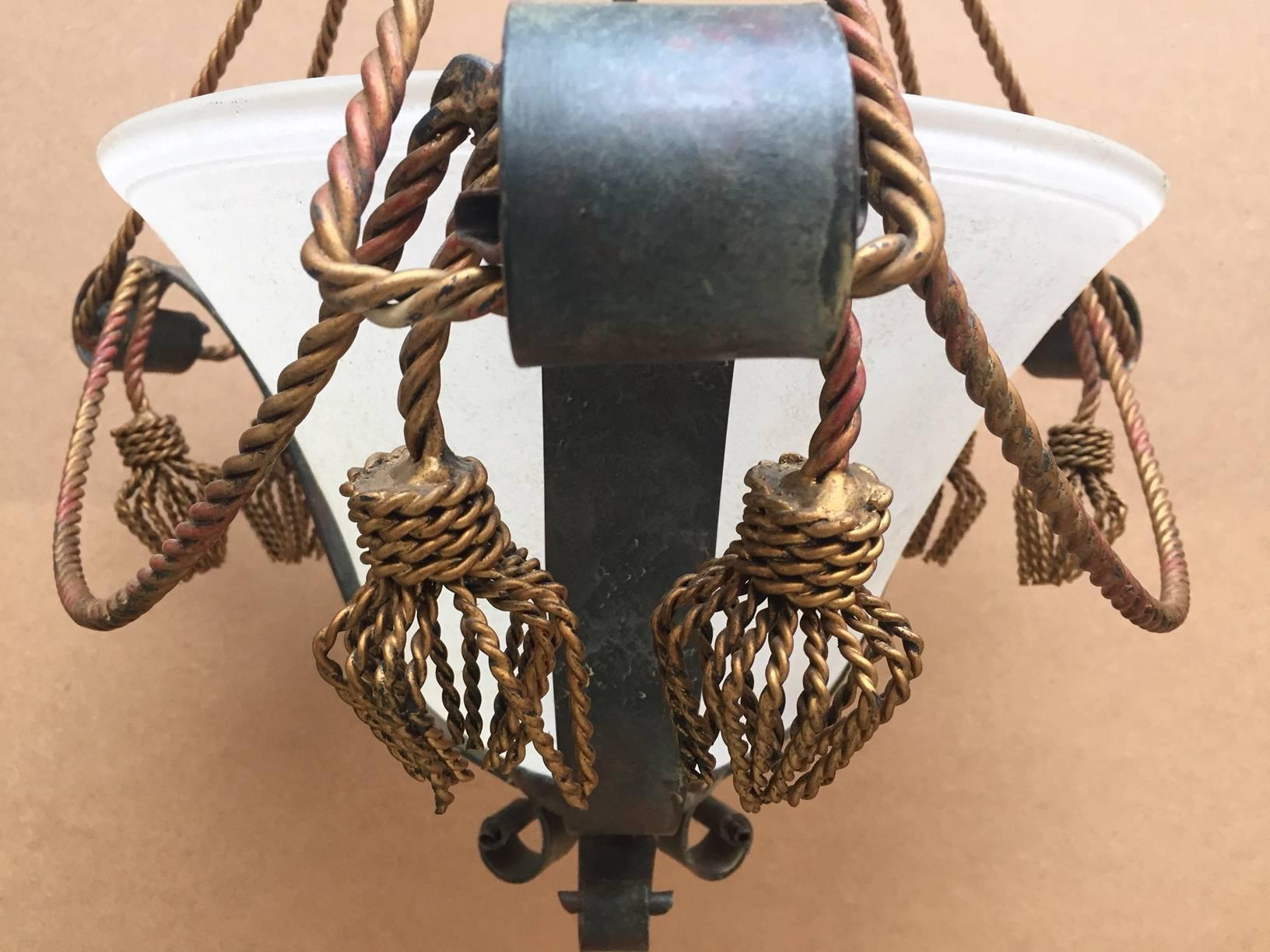 20th Century Italian Painted Wrought Iron Chandelier with Twisted Gilt Iron Tassels For Sale