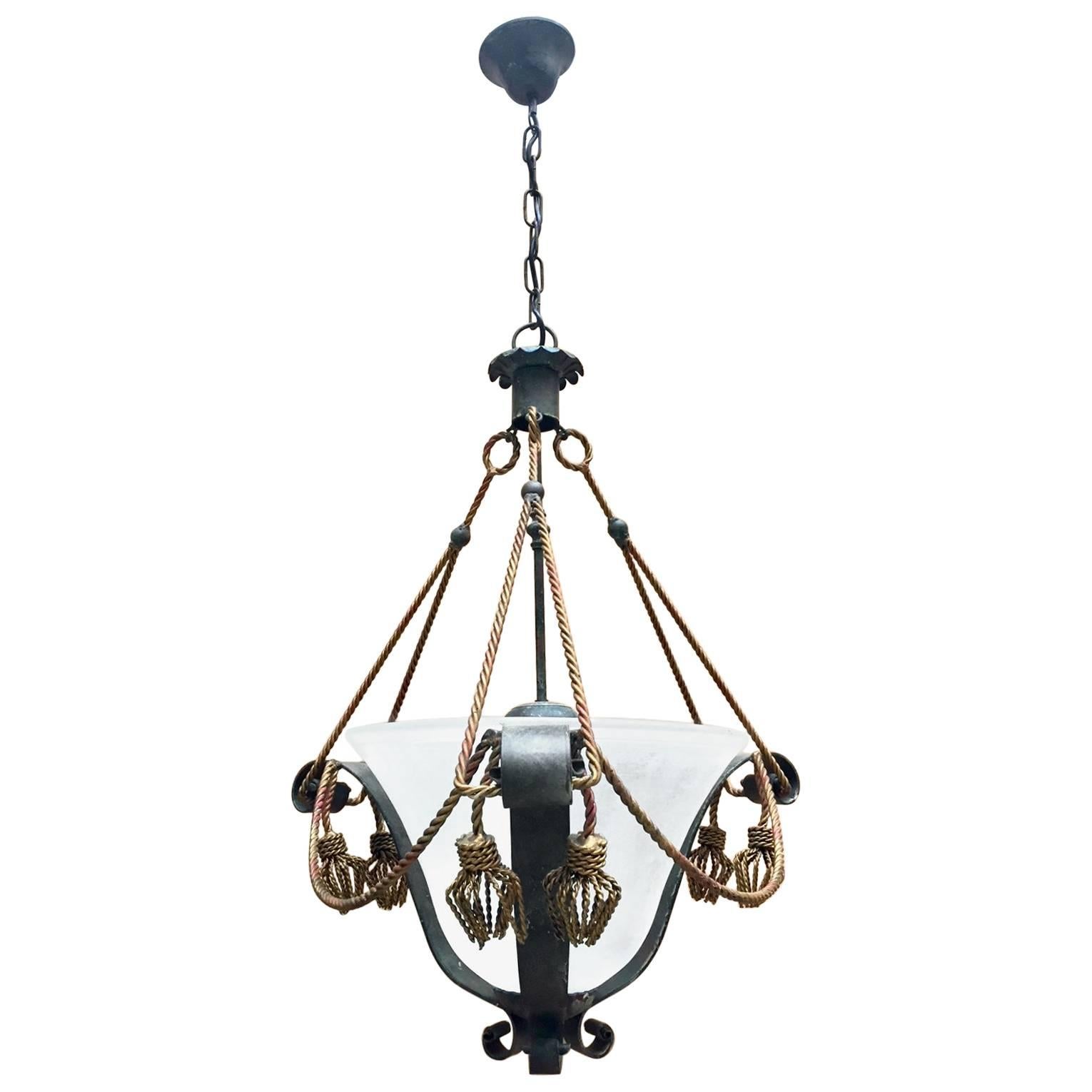 Italian Painted Wrought Iron Chandelier with Twisted Gilt Iron Tassels For Sale