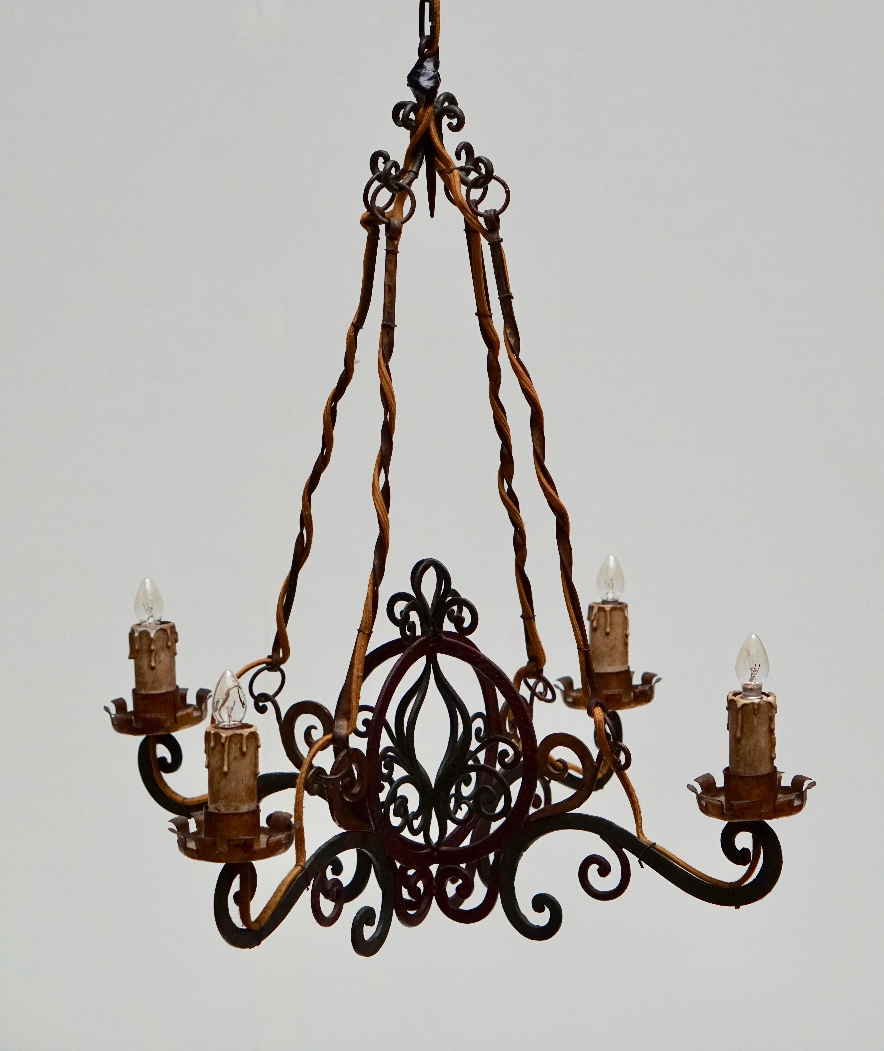 Italian Painted Wrought Iron Four Lights Chandelier For Sale 4