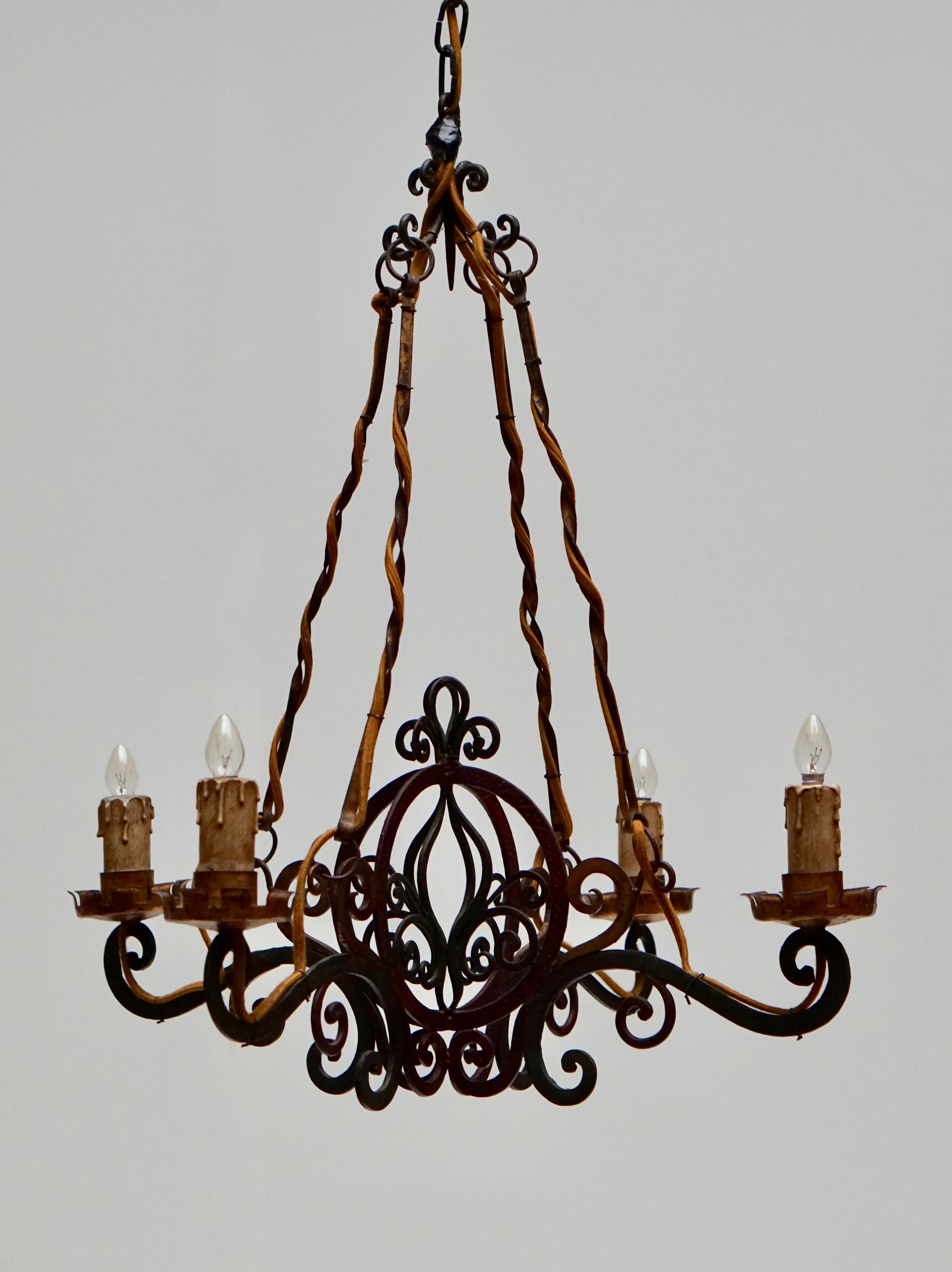 Italian Painted Wrought Iron Four Lights Chandelier For Sale 5