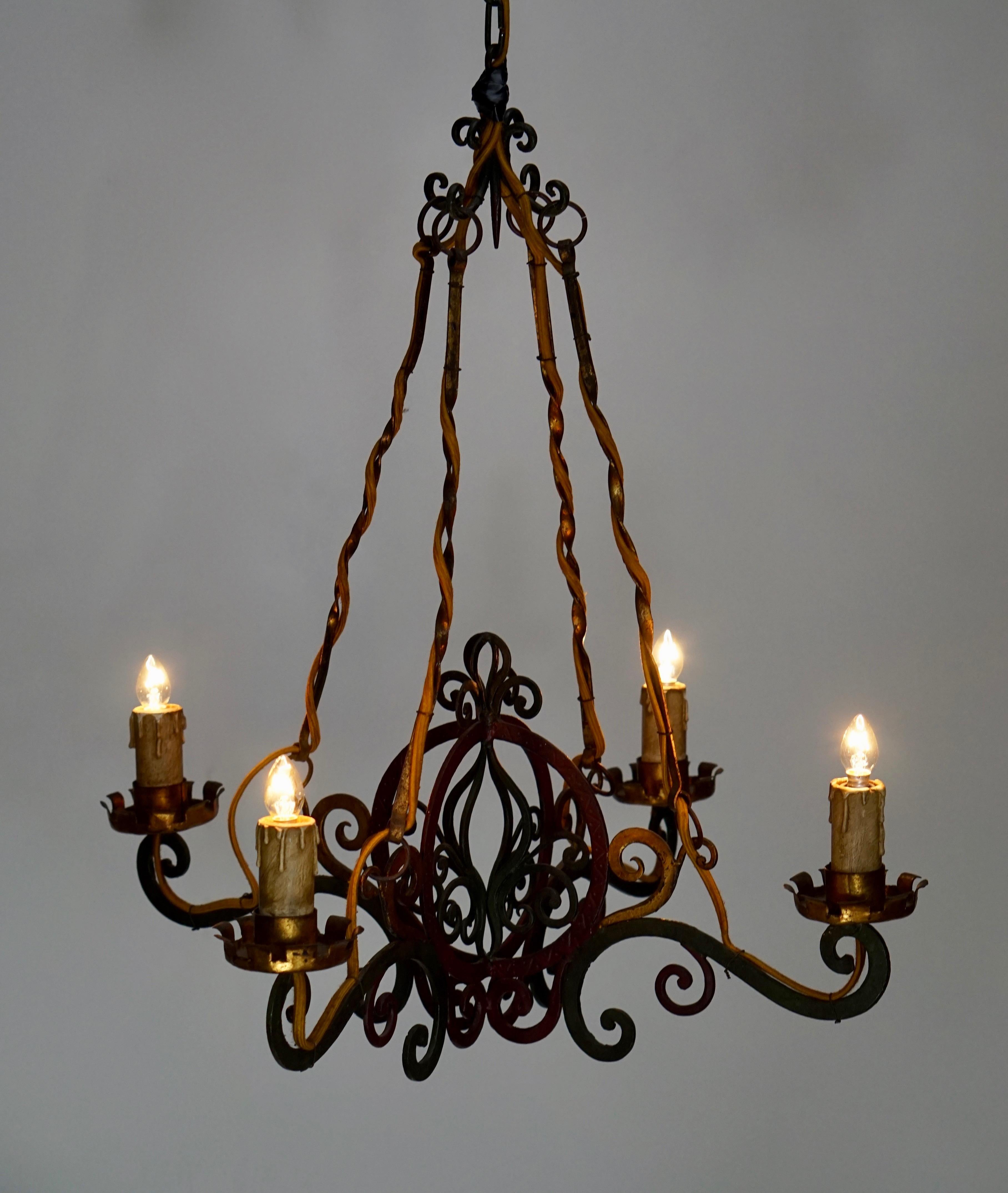 Italian Painted Wrought Iron Four Lights Chandelier For Sale 6
