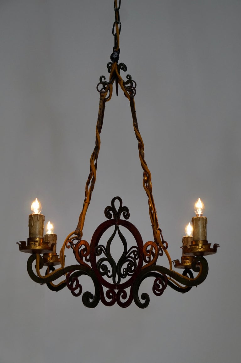 Italian Painted Wrought Iron Four Lights Chandelier For Sale at 1stDibs