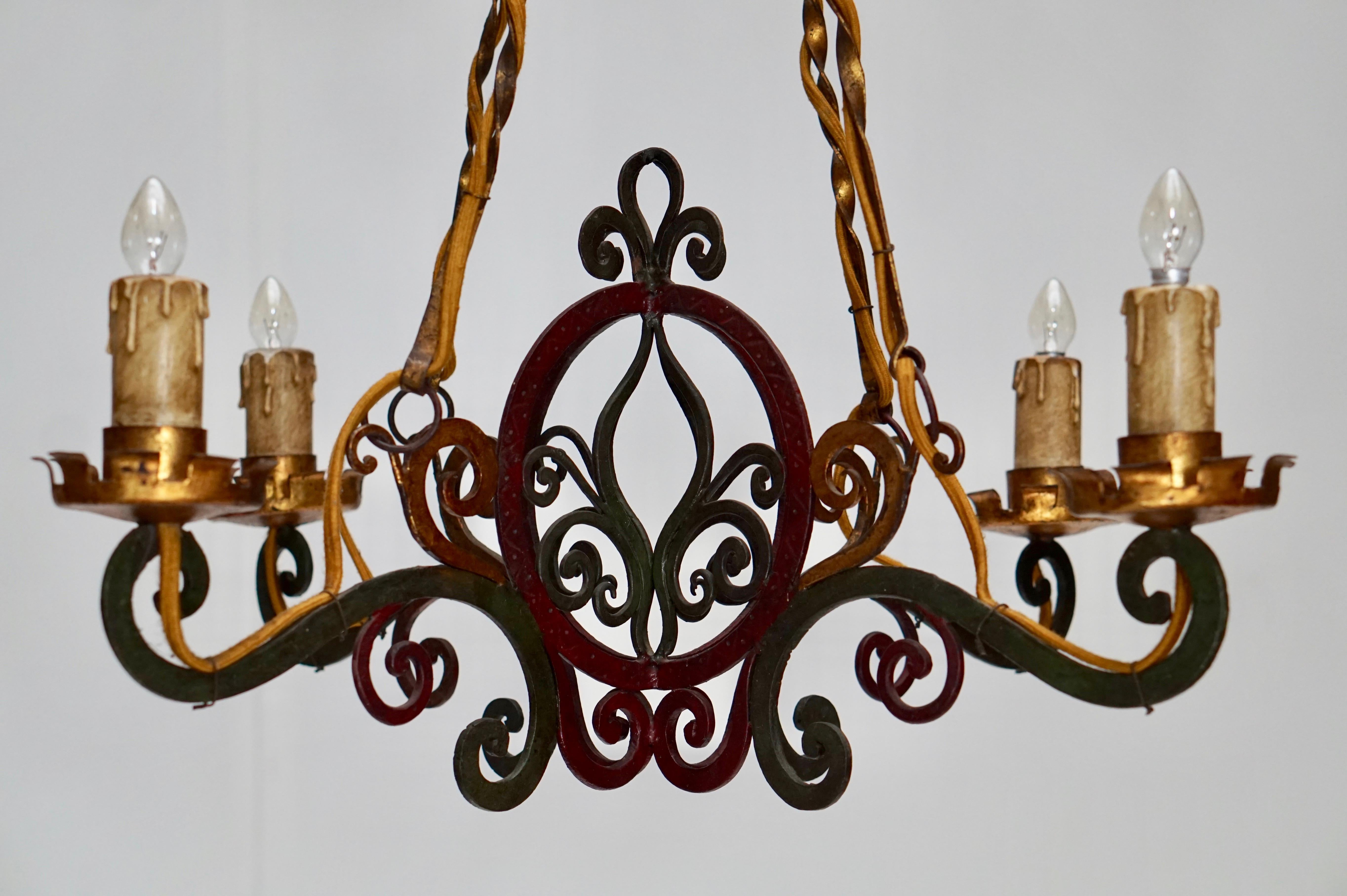 Italian Painted Wrought Iron Four Lights Chandelier For Sale 8