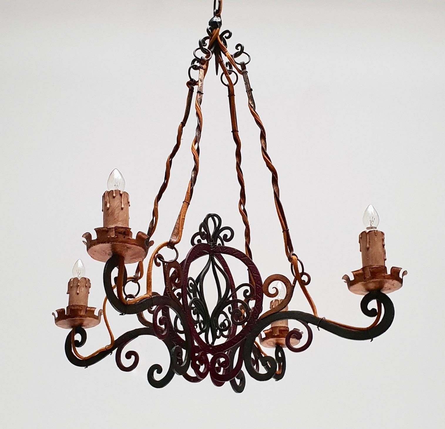 Gilt Italian Painted Wrought Iron Four Lights Chandelier For Sale