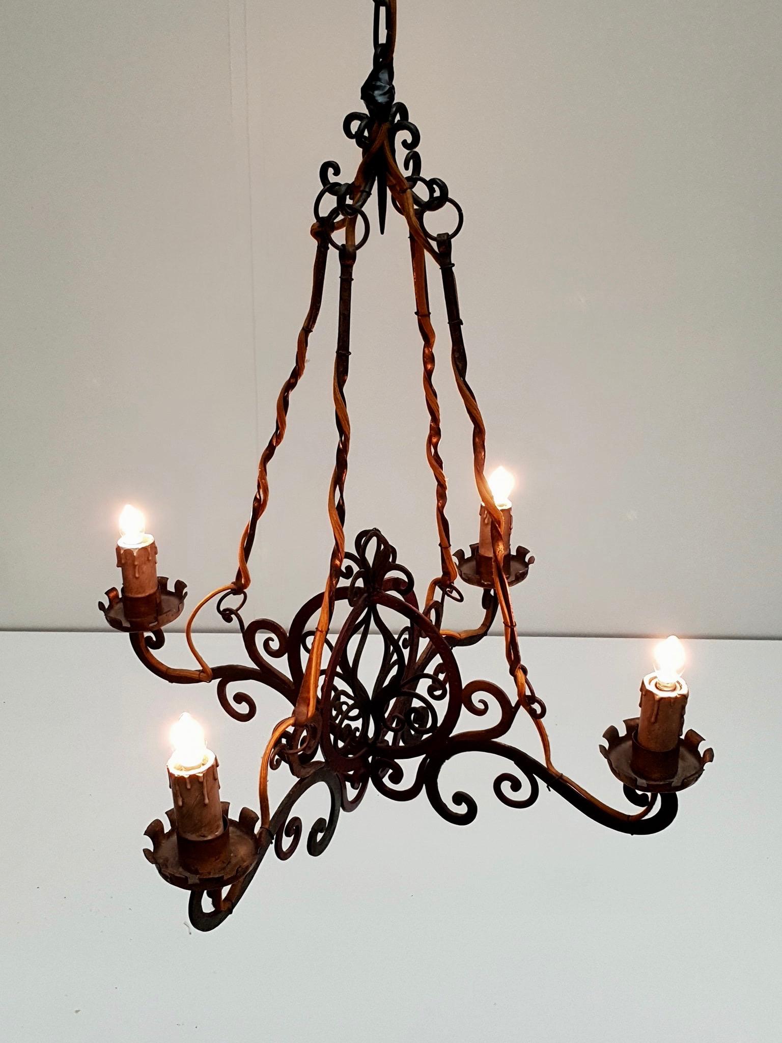 20th Century Italian Painted Wrought Iron Four Lights Chandelier For Sale