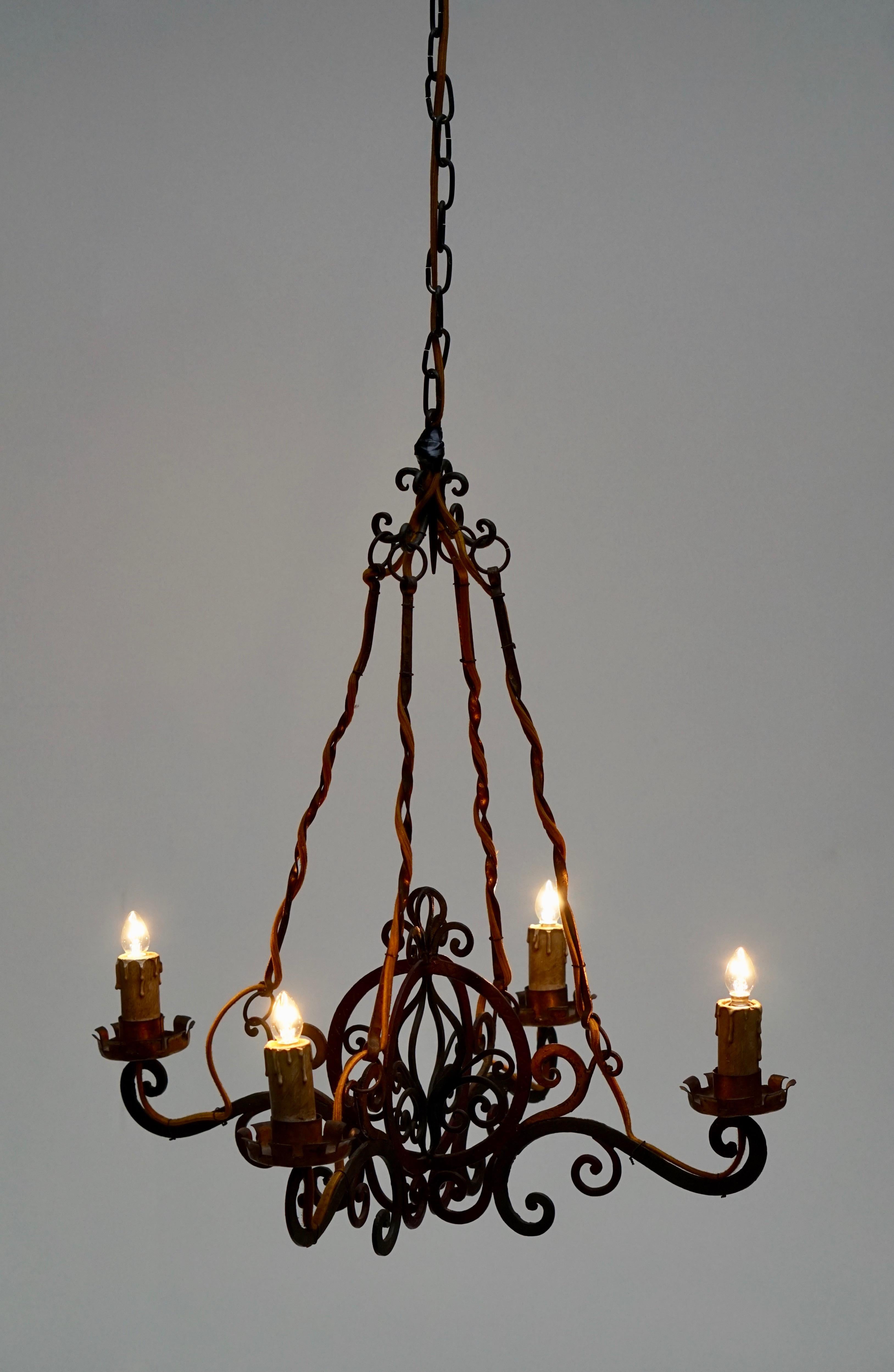 Italian Painted Wrought Iron Four Lights Chandelier For Sale 2