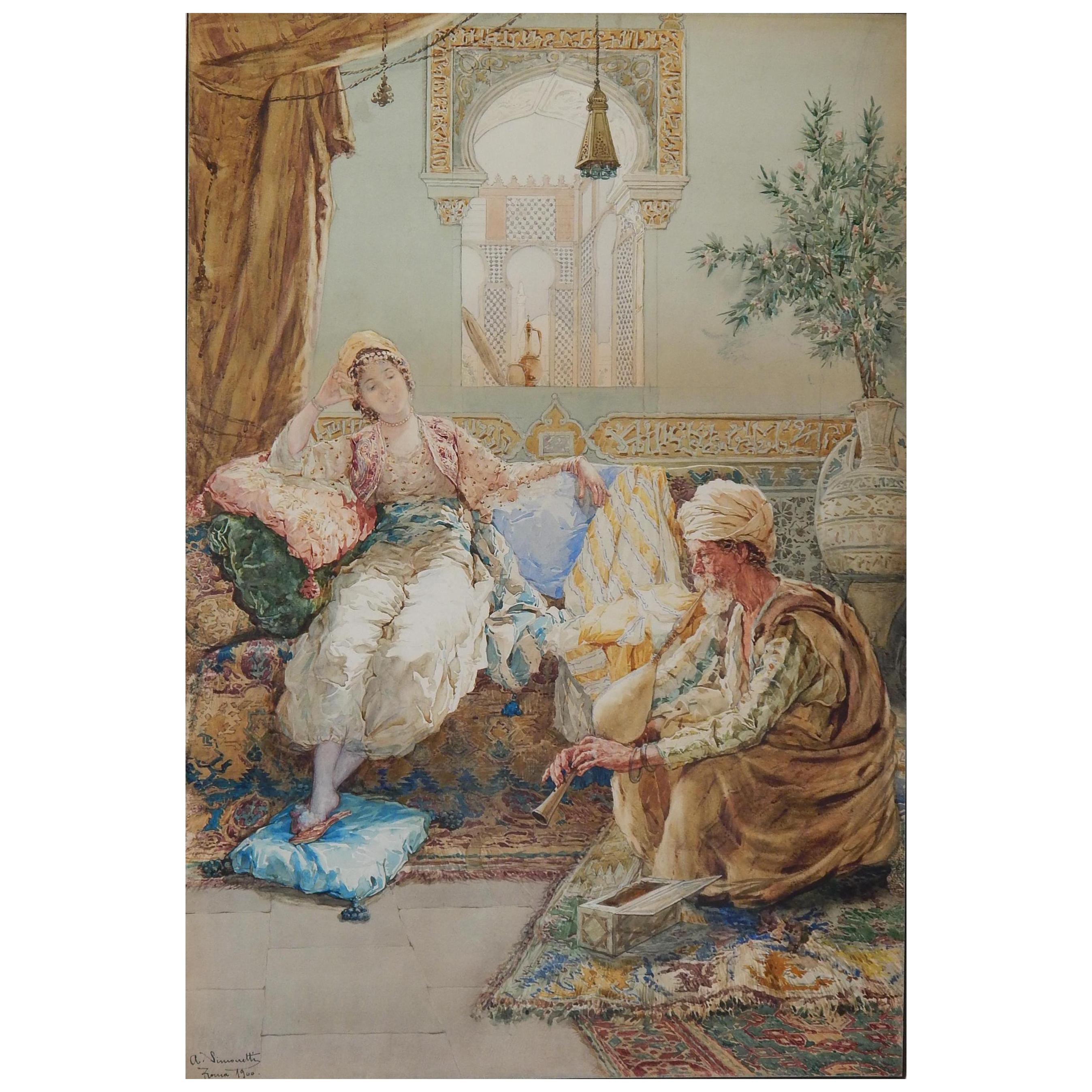 Italian Painter Amadeo Simonetti Orientalist Watercolor, 1900 For Sale
