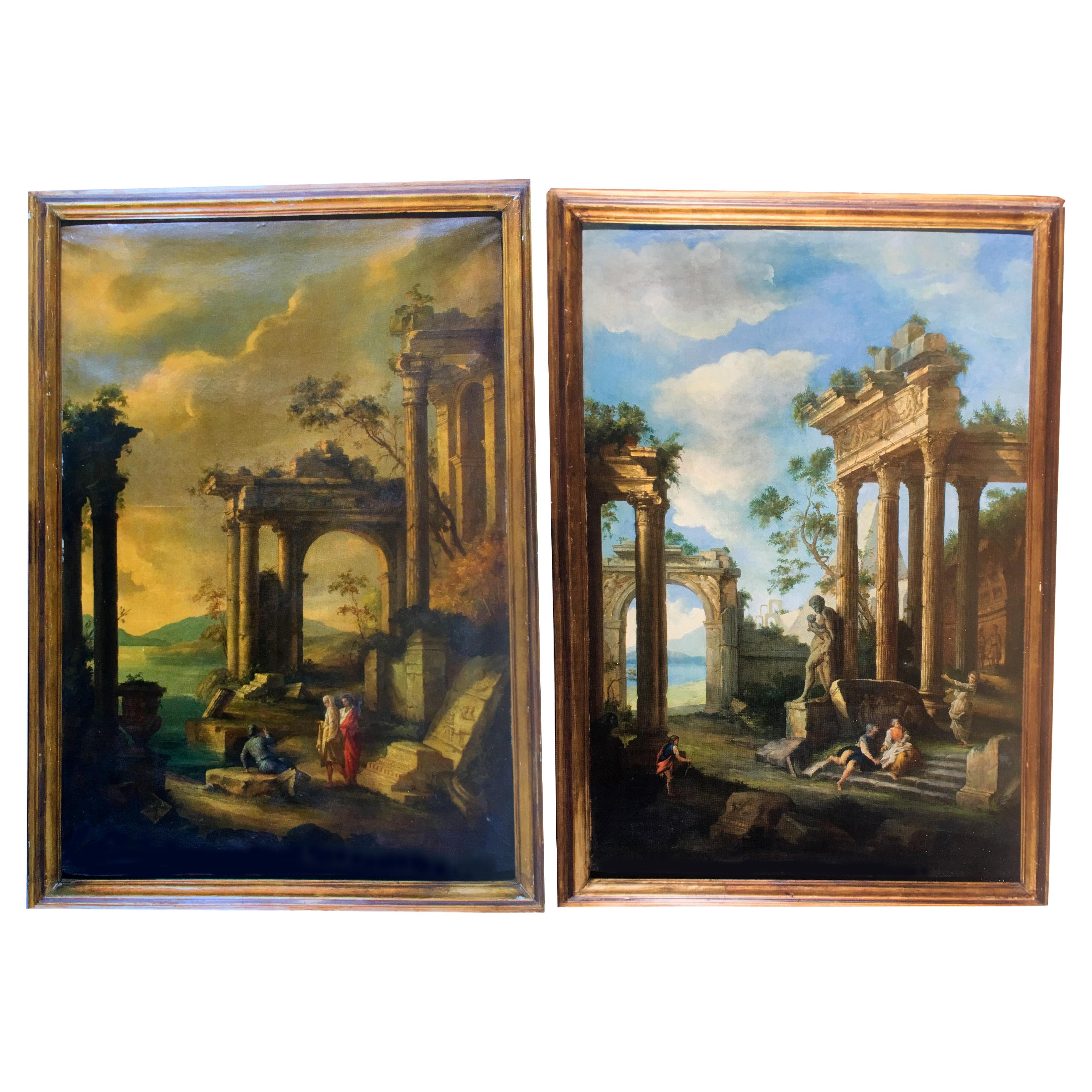Italian Painter of 1700 "Capriccio with classical ruins and figures" For Sale