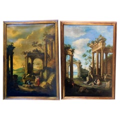Antique Italian Painter of 1700 "Capriccio with classical ruins and figures"