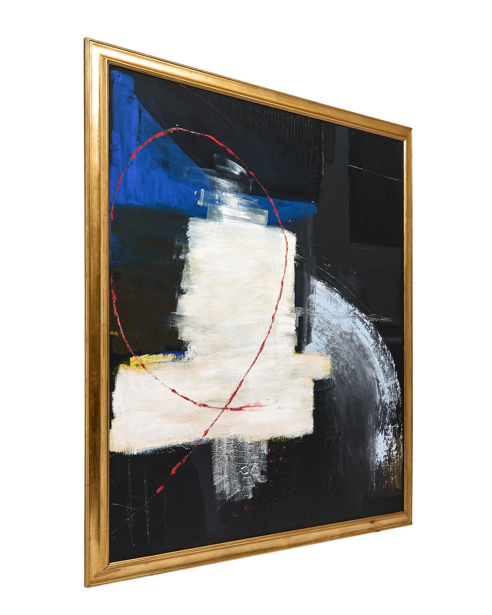 Mixed media Painting on plywood by Danilo Picchiotti. Black and white abstract forms are accented by cobalt blue, yellow, and red detail. It is framed with the original gold-leafed frame.
Danilo Picchiotti was born in Rome in 1933. He is a