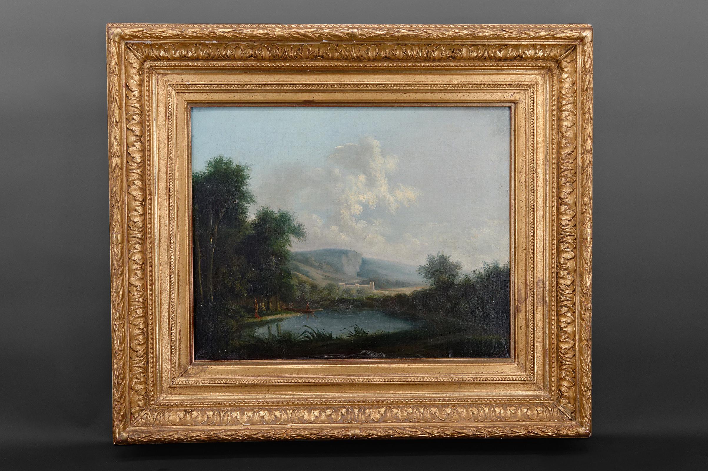 In the foreground, a lake surrounded by vegetation.
On the left bank, several figures, some in a boat.
In the background, a building that resembles a fortified castle, in a hilly landscape

Italy
Early 19th century
Probably bought during a Grand