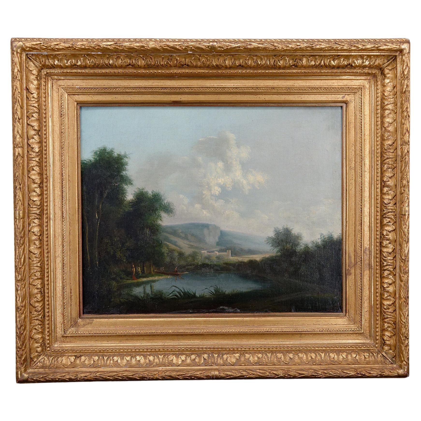 Italian painting, lake scene, 19th century