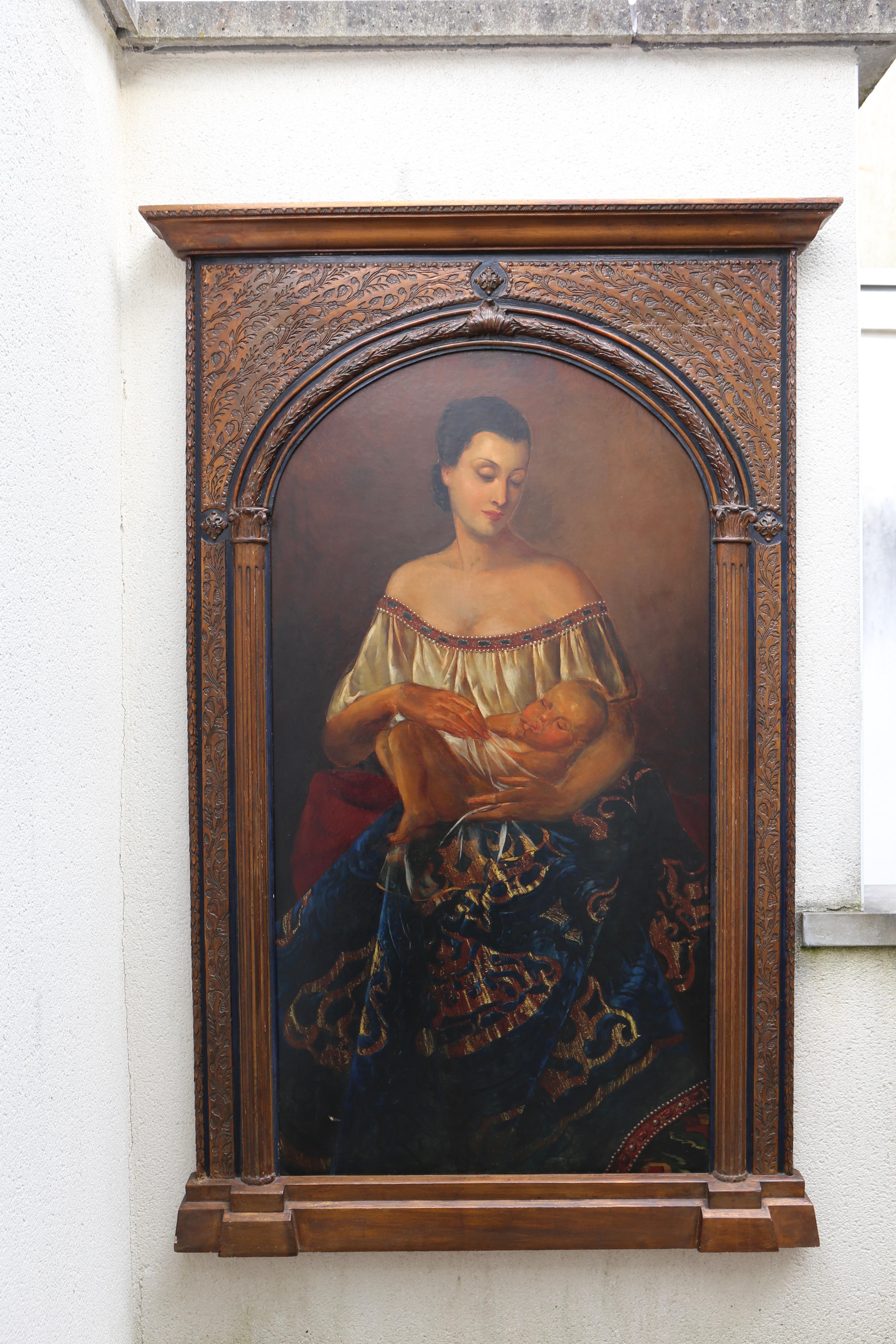 Grande olio su tavola italiano del XIX secolo raffigurante una madre e un bambino. Struttura in legno.

Questo dipinto di madre e figlio è un'opera d'arte bellissima e commovente che celebra il legame senza tempo tra madre e figlio. Il pezzo irradia