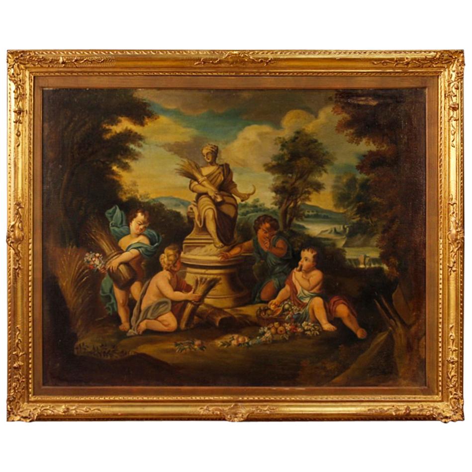 Italian Painting Oil on Canvas Game of Little Angels from 20th Century