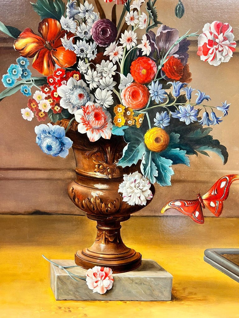 Huge Classical Still Life Oil Painting Ornamental Flowers & Bird Stone Plinth For Sale 8