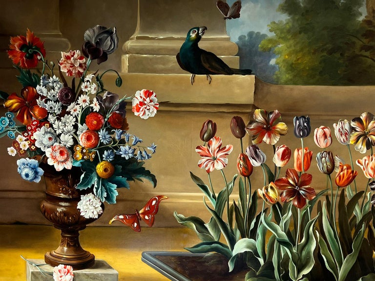 Artist/ School: Italian School, 20th century

Title: Grand classical still life composition with tulips, ornamental bird against a background of stone plinths. 

Medium: oil on canvas, unframed

Painting: 45 x 57.5 inches

Provenance: private