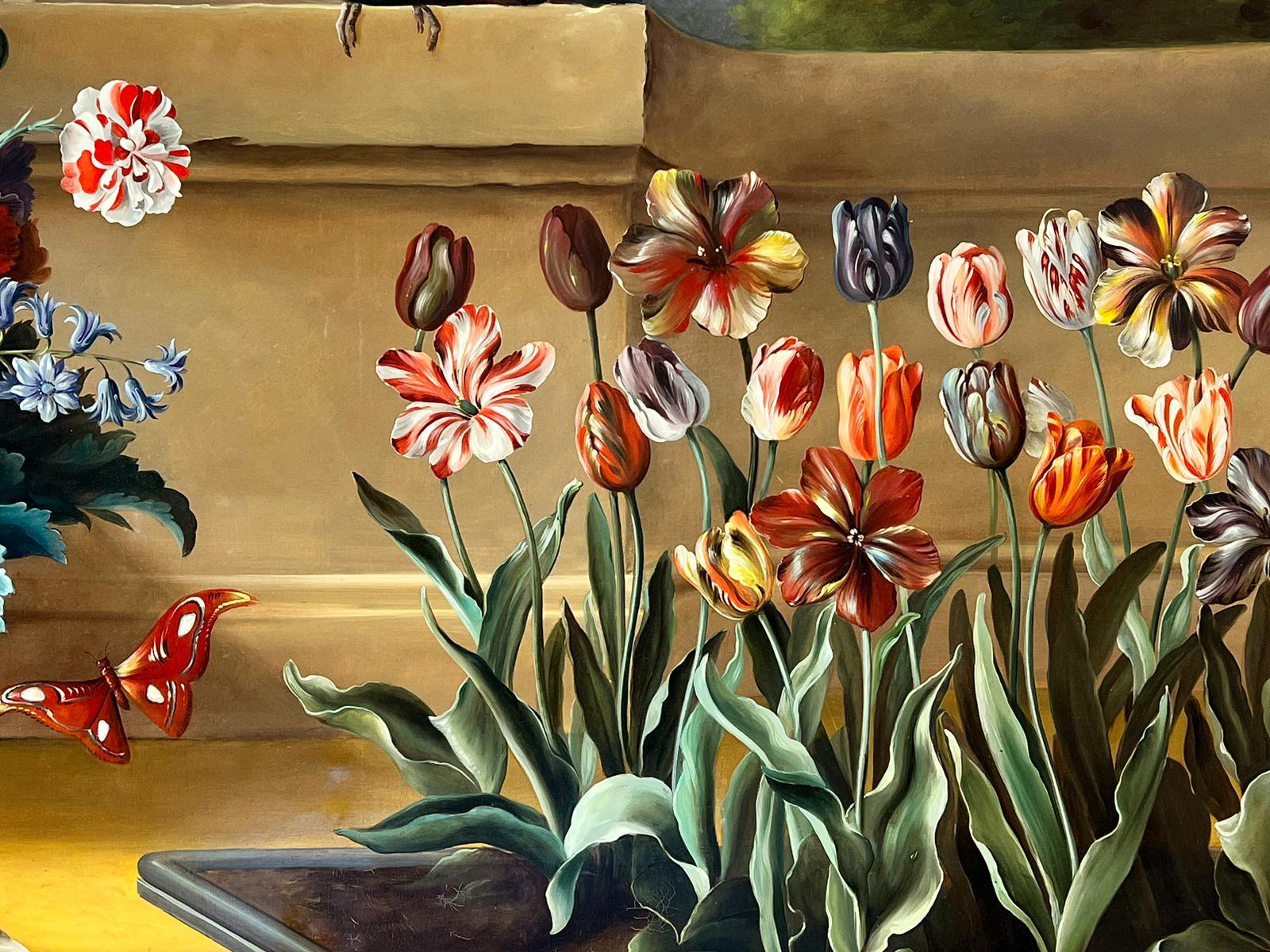 Enorme Natura morta classica dipinta a olio Fiori ornamentali e uccelli Plinto di pietra - Painting Antichi maestri di Italian painting