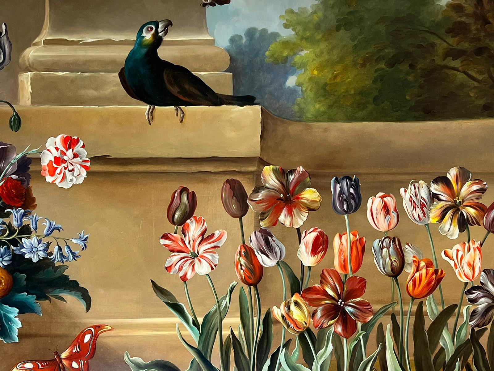 Enorme Natura morta classica dipinta a olio Fiori ornamentali e uccelli Plinto di pietra - Still-Life Painting Marrone di Italian painting