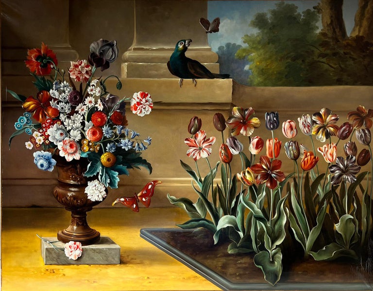 Italian painting Still-Life Painting - Huge Classical Still Life Oil Painting Ornamental Flowers & Bird Stone Plinth