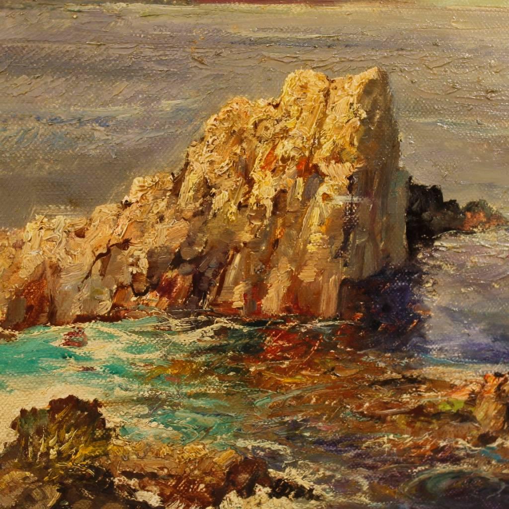 Late 20th Century Italian Painting Seascape with Cliff Oil on Canvas from 20th Century