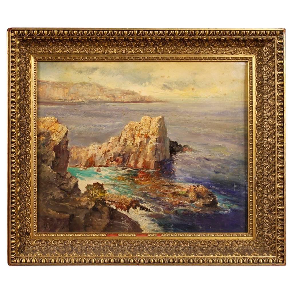 Italian Painting Seascape with Cliff Oil on Canvas from 20th Century